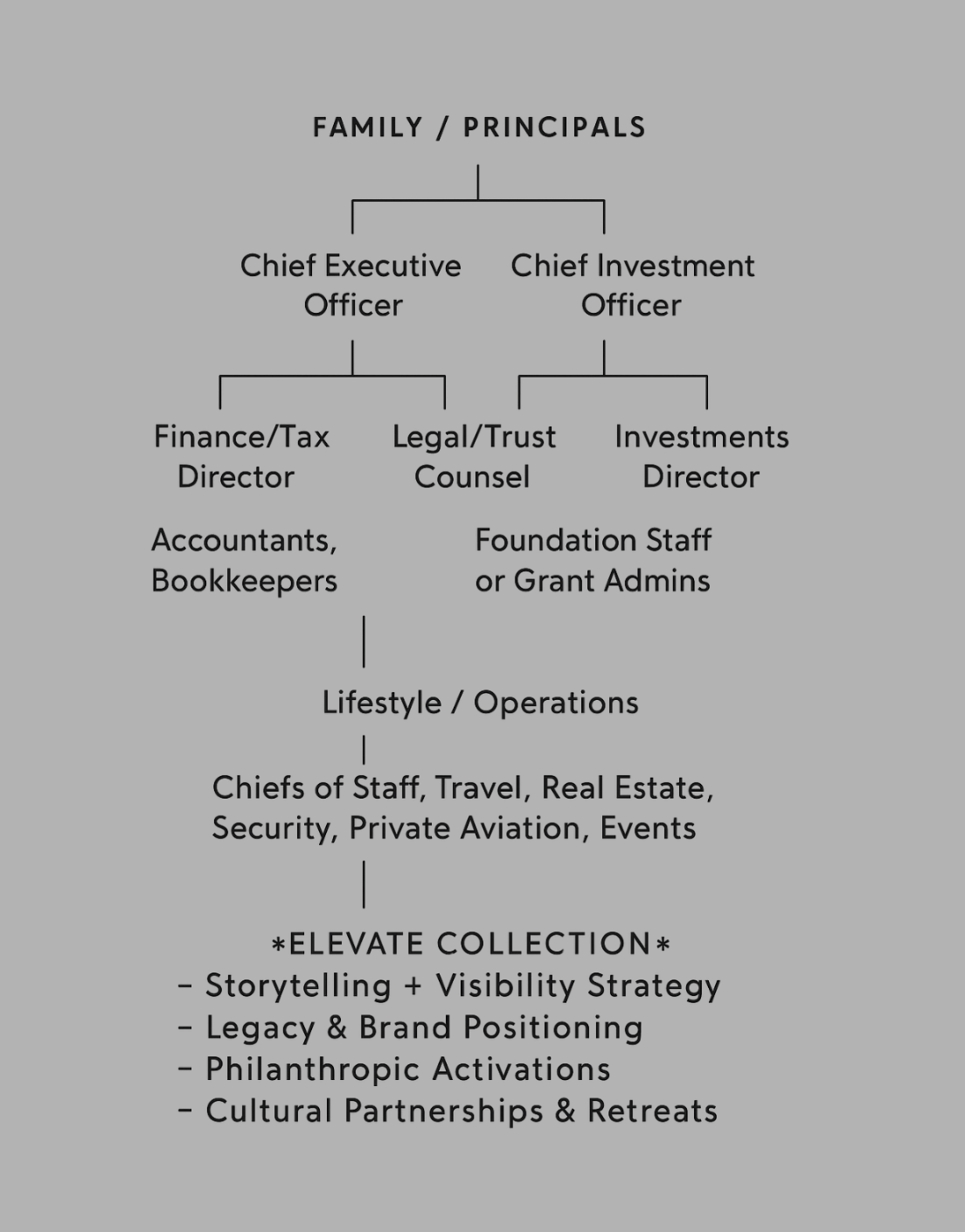 Organizational chart for a family foundation, showing positions from family/principals to senior staff, including Chief Executive Officer, Chief Investment Officer, legal and financial staff, lifestyle coordinators, and executive functions, with a focus on storytelling, branding, philanthropy, and partnerships.