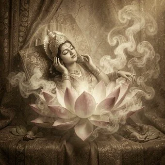 A woman with traditional attire and jewelry, sitting with her eyes closed, surrounded by smoke, emerging from a large pink lotus flower.