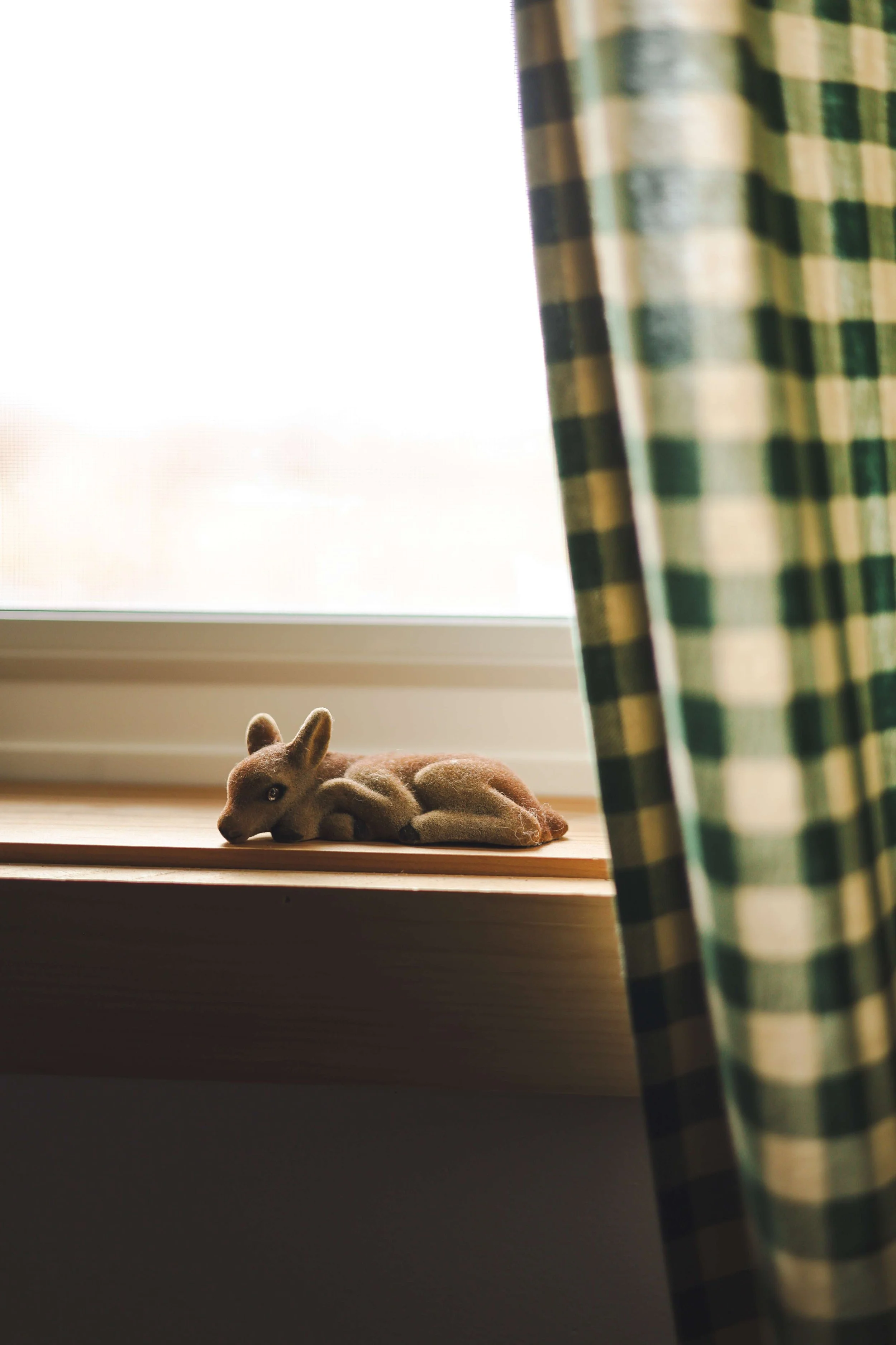 View of a small, plush rabbit toy lying on a windowsill in front of a window with bright light coming through. A partially visible checked cloth is hanging near the window.
