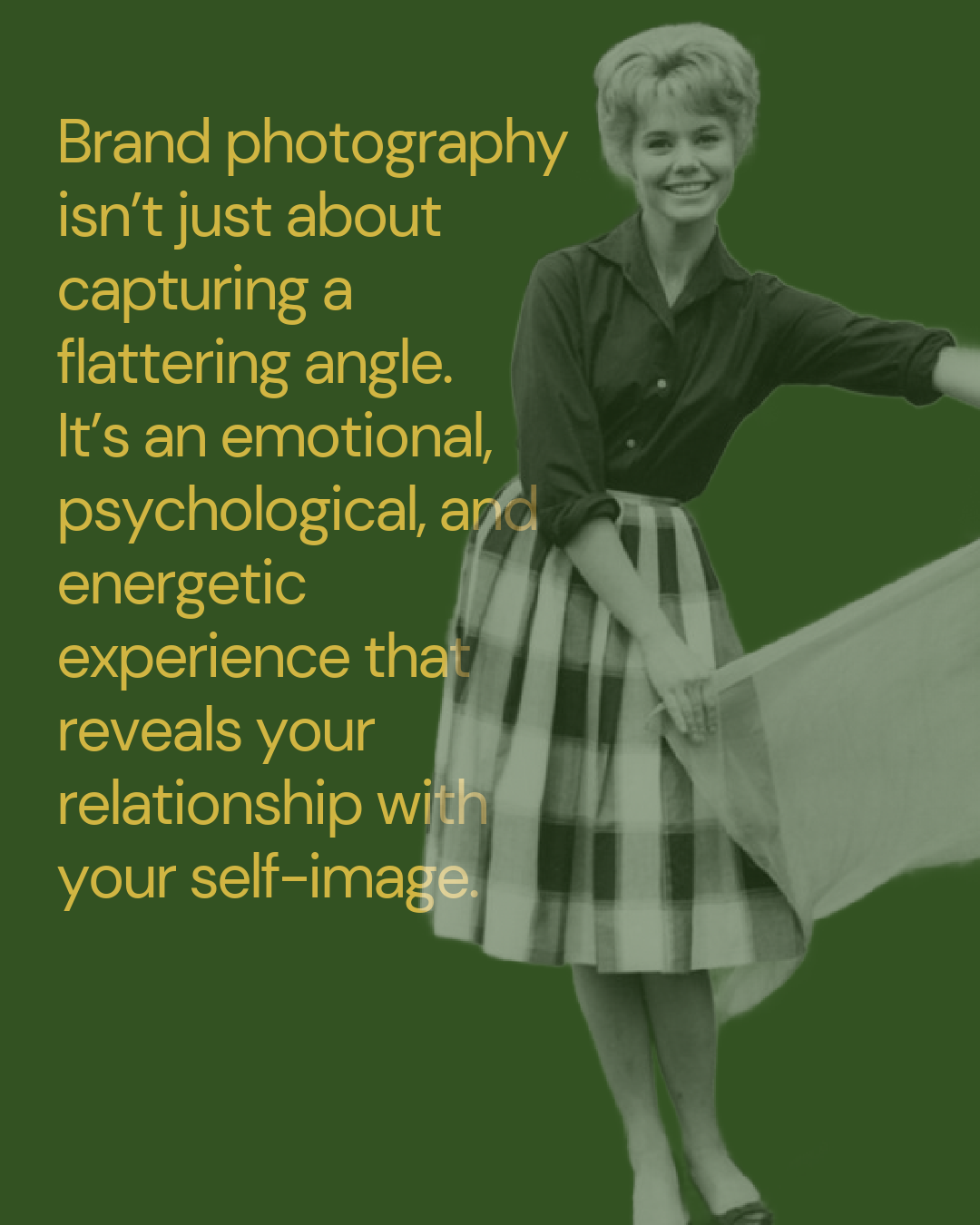 Black and white vintage photo of a smiling woman with short hair, holding a large canvas or frame, standing against a green background with overlaid yellow text about brand photography.