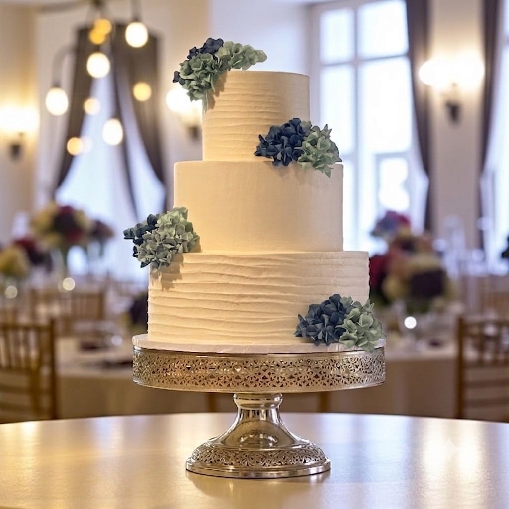 Classic 3 tier wedding cake with various shades of blue sugar hydrangeas