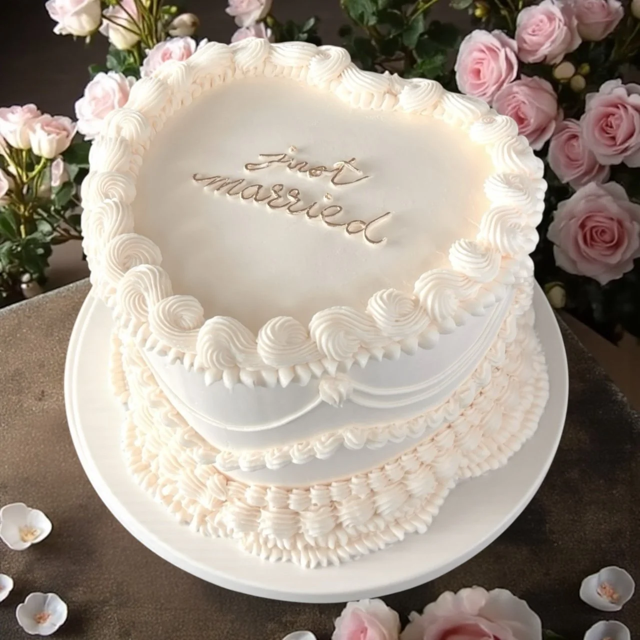 Heart shaped wedding cake with gold Just Married Writing