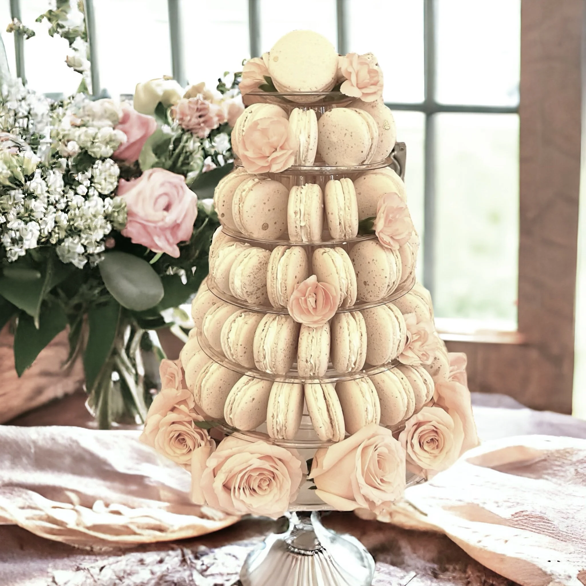 7 layer macaron tower with pink roses