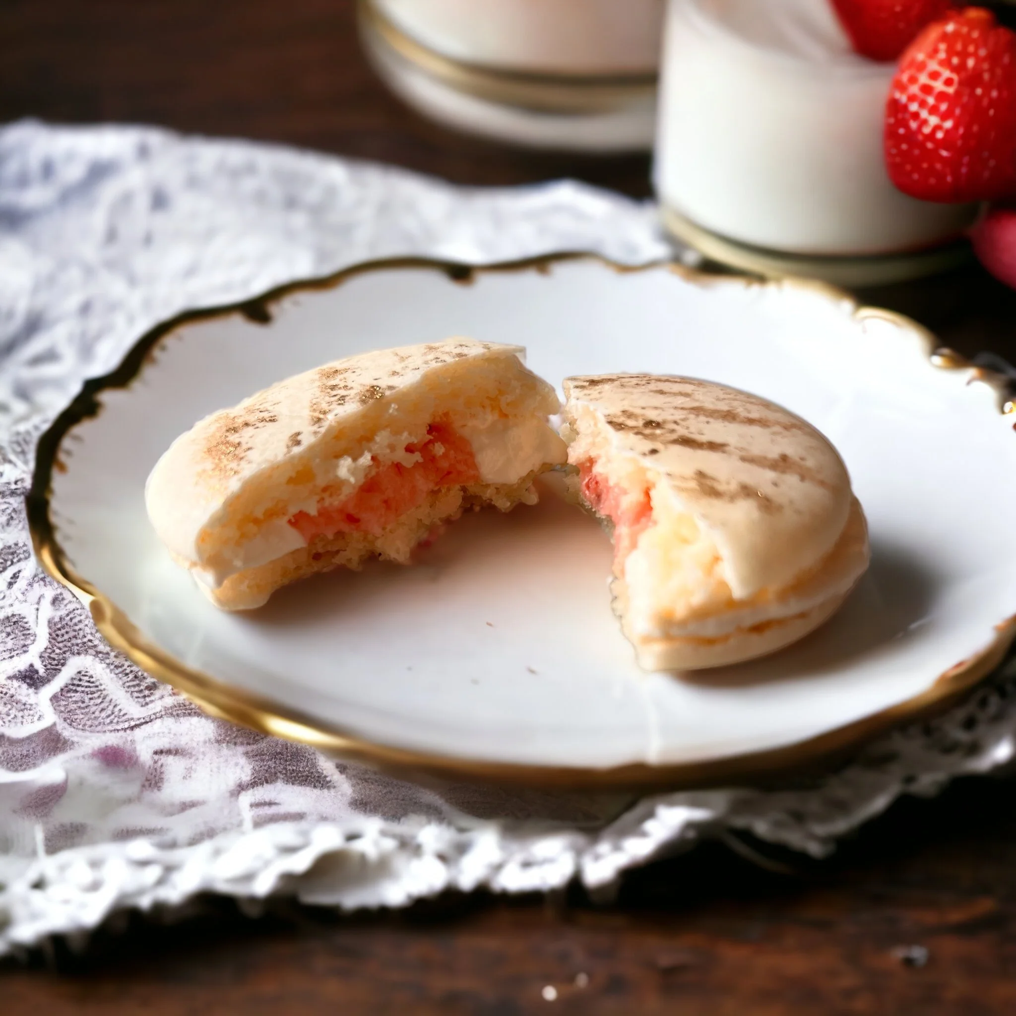 A strawberry cream filled macaron displayed on a gold rim plate