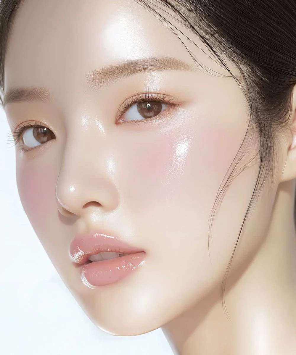 Close-up of a young woman's face showing smooth skin, natural makeup with glossy lips, and well-groomed eyebrows.