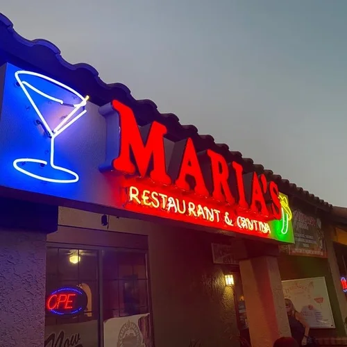 Maria's Restaurant & Cantina neon sign with a margarita glass and a chile pepper