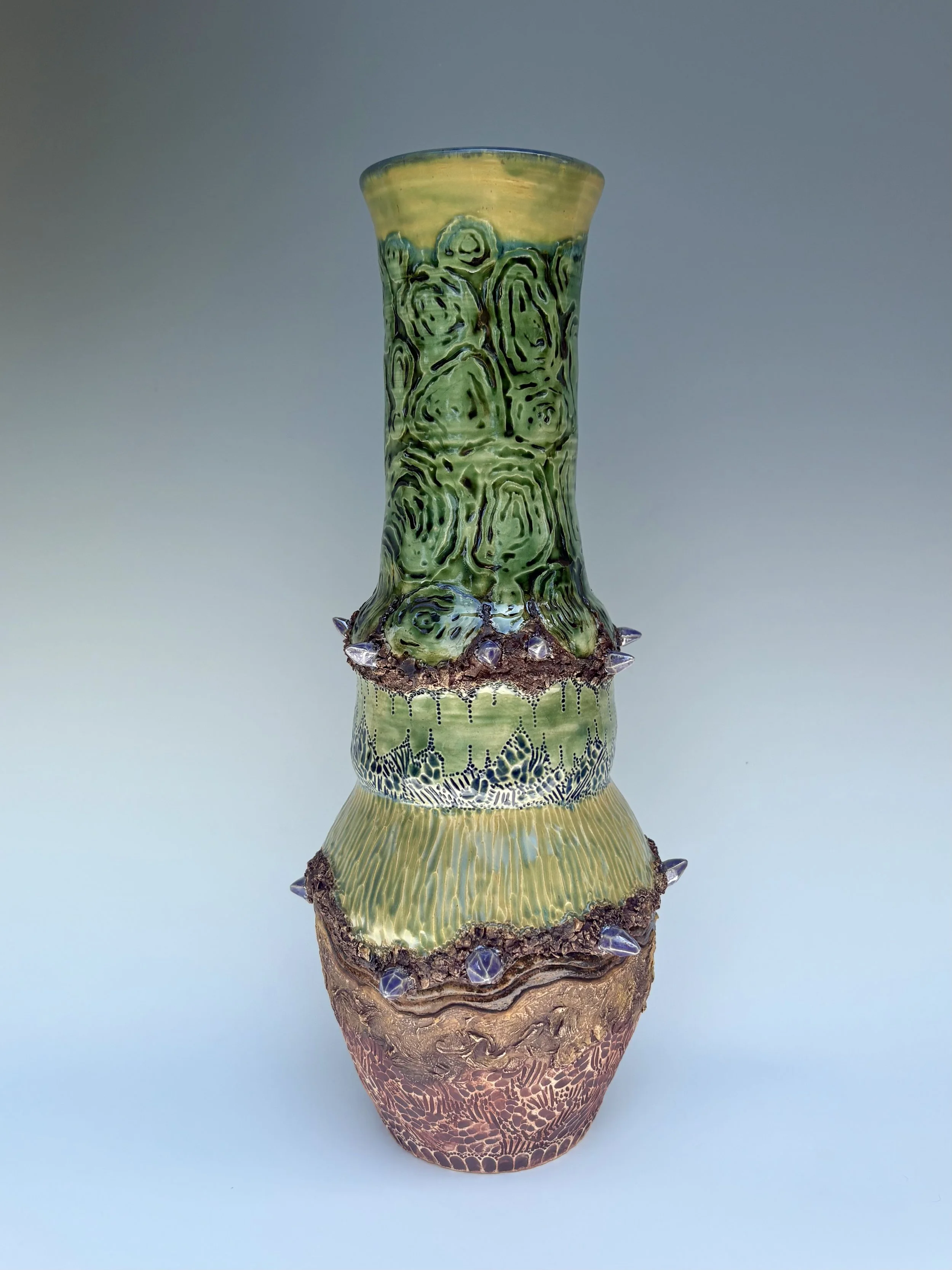 "Layered Eon" - 2026 - Ceramic, glaze, oxide stain, mother of pearl luster - 15" x 7" x 7"