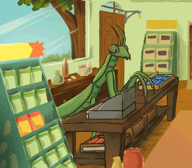 Grace, the praying mantis owner of the local Apothecary.