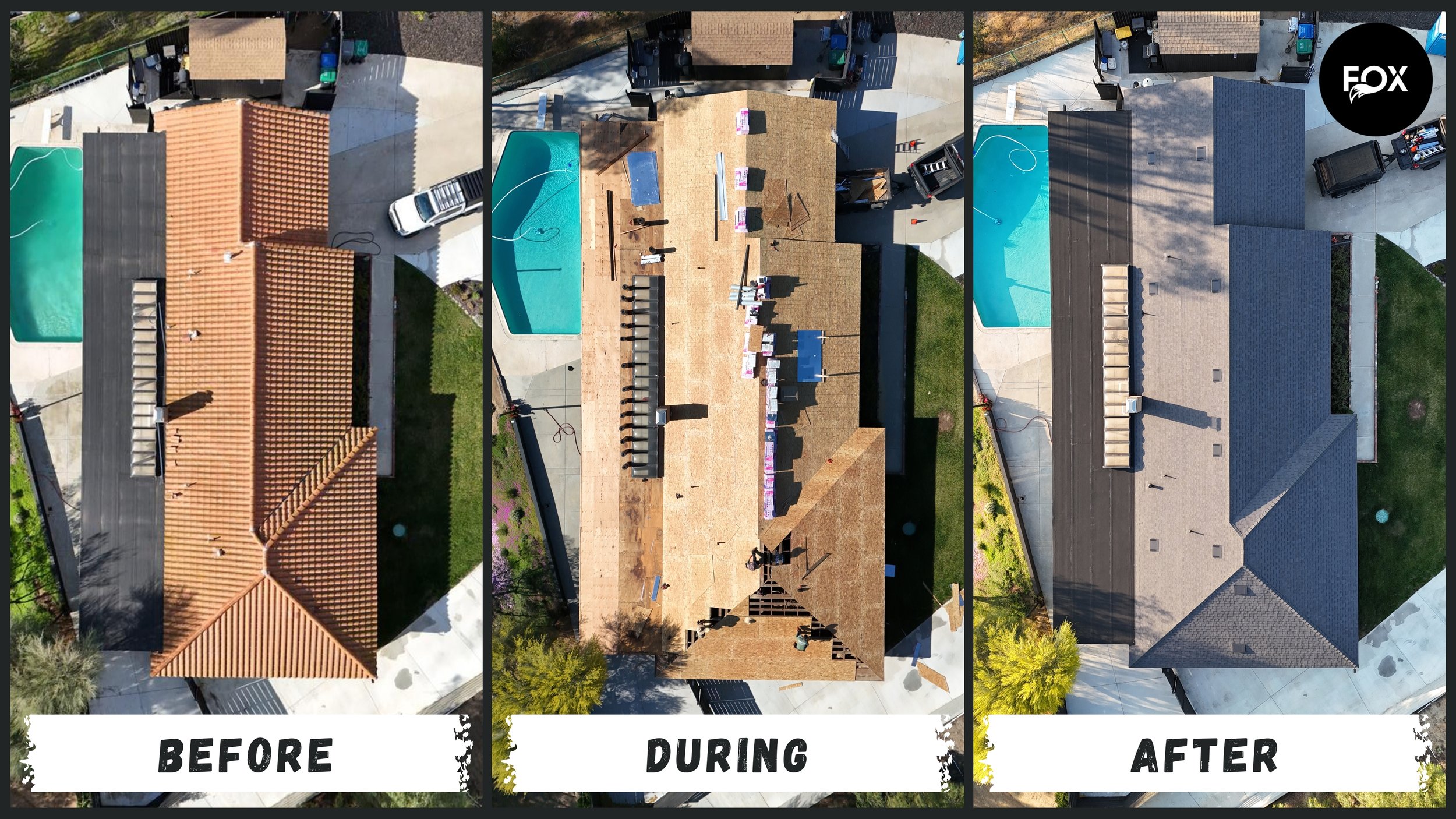 Three aerial views of a house roof showing stages of renovation: first with orange tiles before work, second during removal with exposed wood and workers, third with new gray shingles after completion.