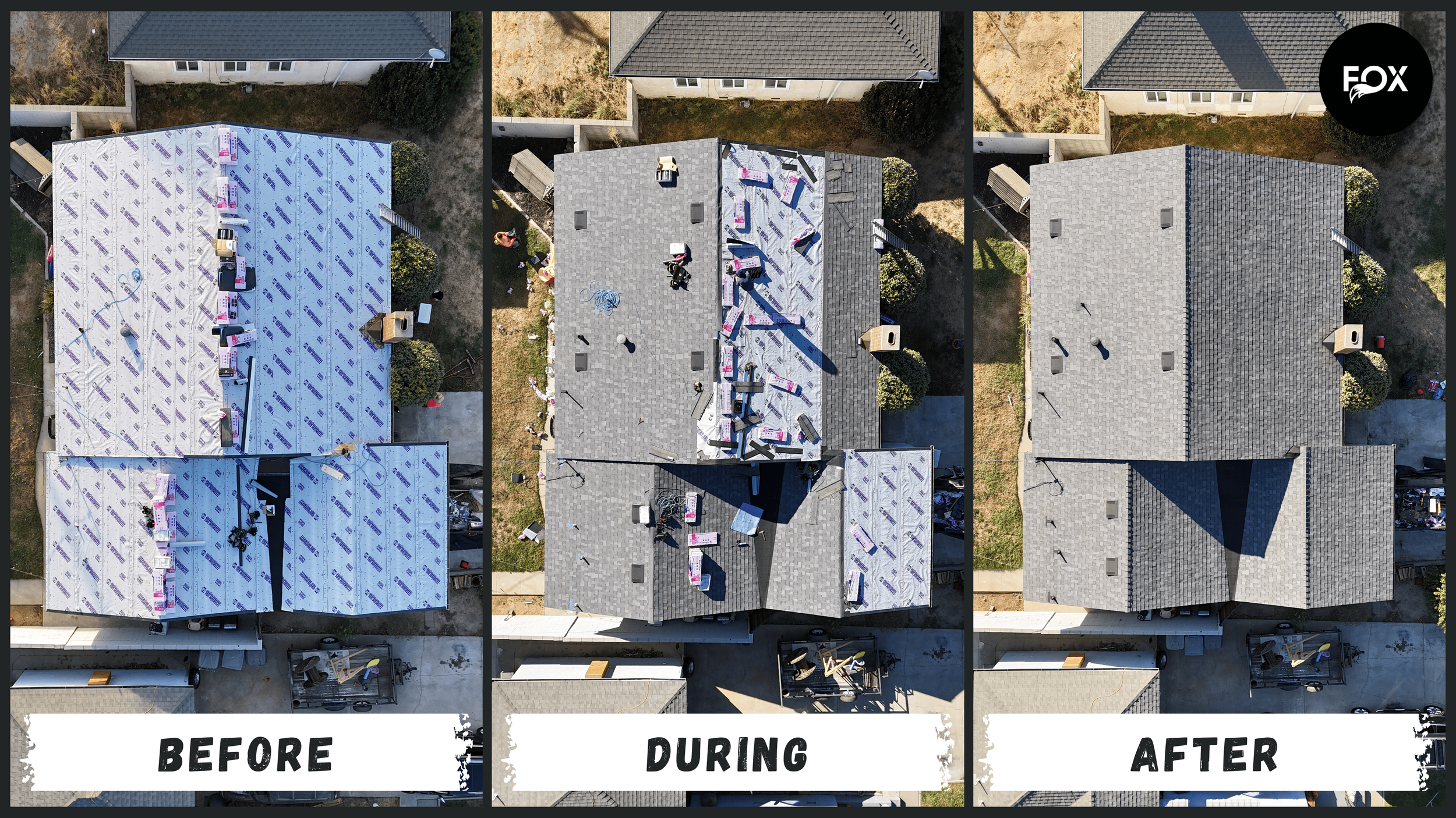 Aerial view of a roof renovation process shown in three stages: before, during, and after. The left panel shows the roof covered in protective material; the middle shows partial shingle installation; the right displays the completed shingle roof.