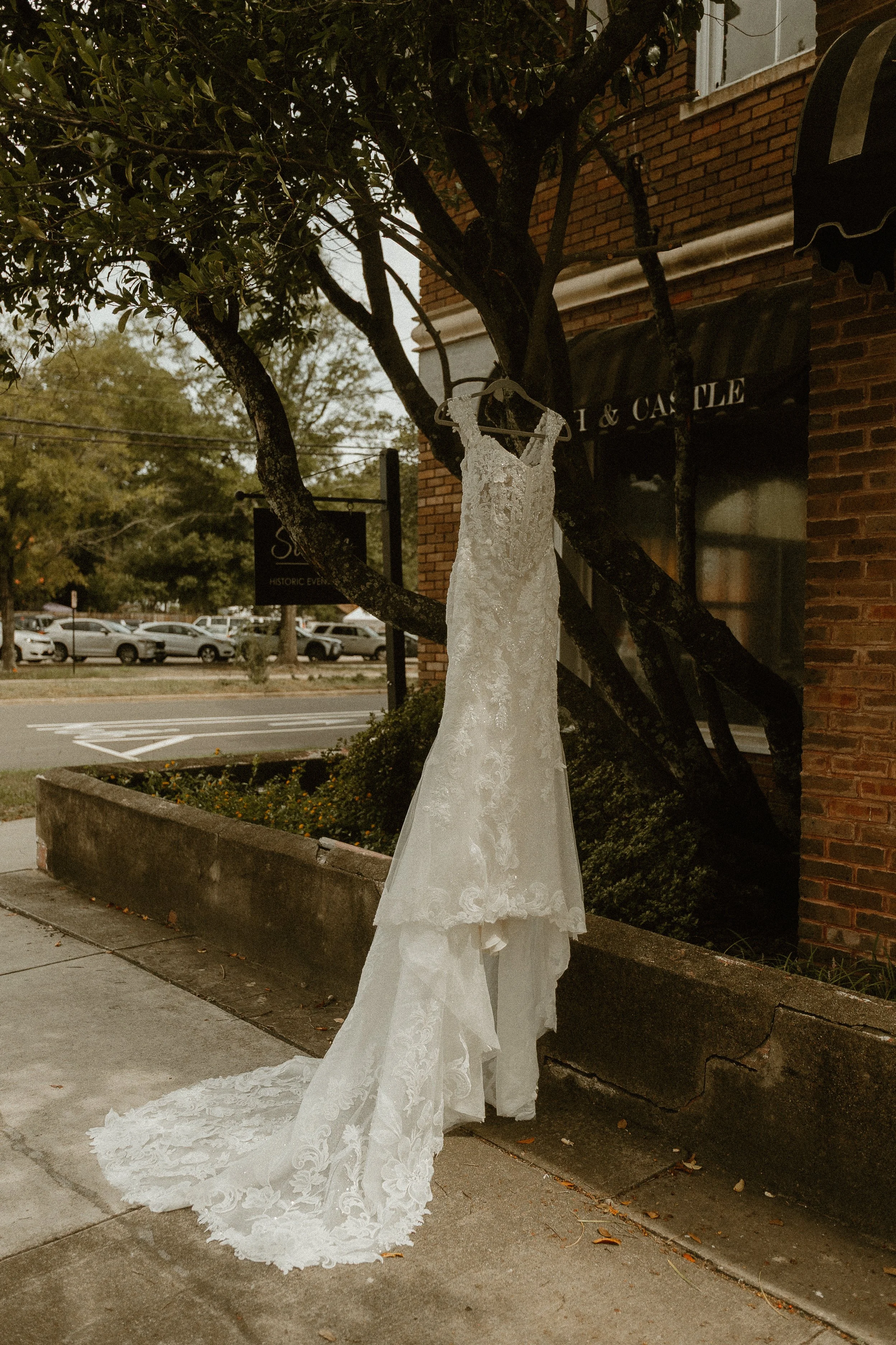 A white lace wedding dress hanging on a hanger from a tree outdoor near a brick building with a sign reading "I & C." in a small town street scene.