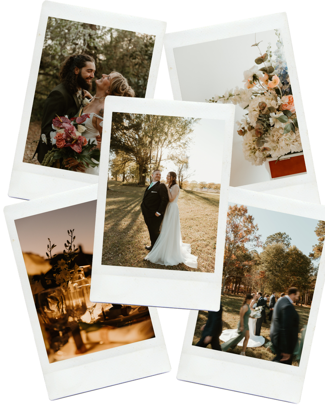 Collage of wedding photos, including a couple in wedding attire, a bride and groom in a park, a bouquet, and a group of guests walking outdoors
