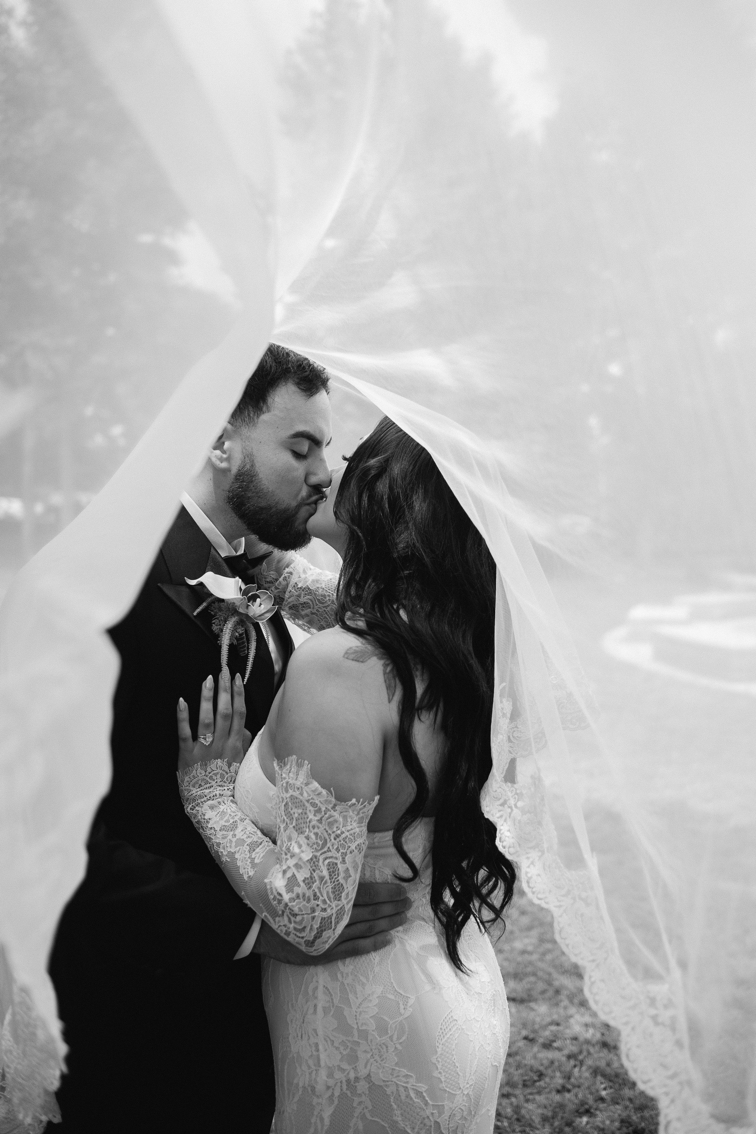A black and white photo of a bride and groom sharing a kiss under a flowing white veil outdoors. The groom is dressed in a tuxedo, and the bride is wearing a lace wedding gown with long sleeves and a veil.