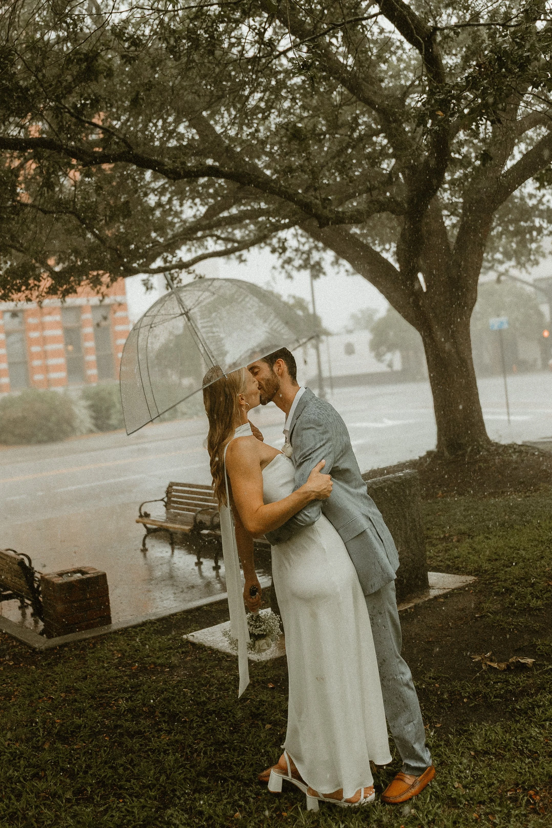 A couple in wedding attire sharing a kiss under an umbrella in the rain, standing by a tree and park benches, with a cloudy sky and city buildings in the background in Downtown Wilmington North Carolina for an courthouse elopement 