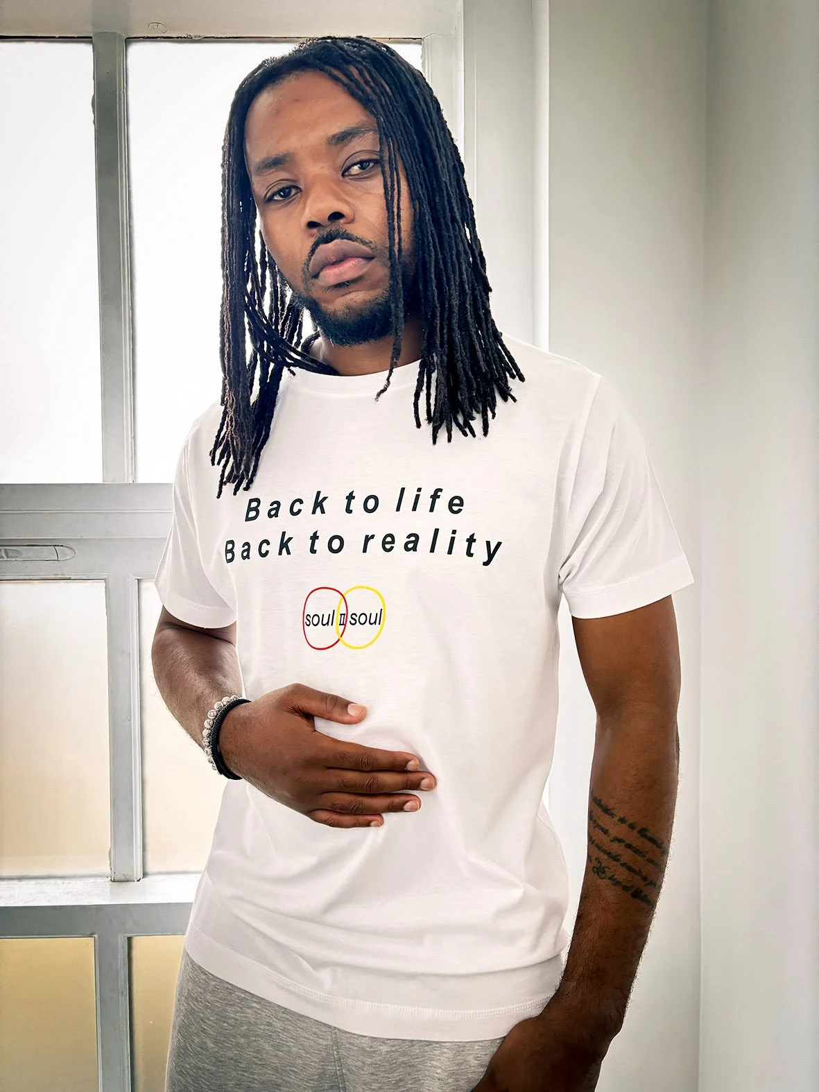'Back to Life Back to Reality' T shirt. White