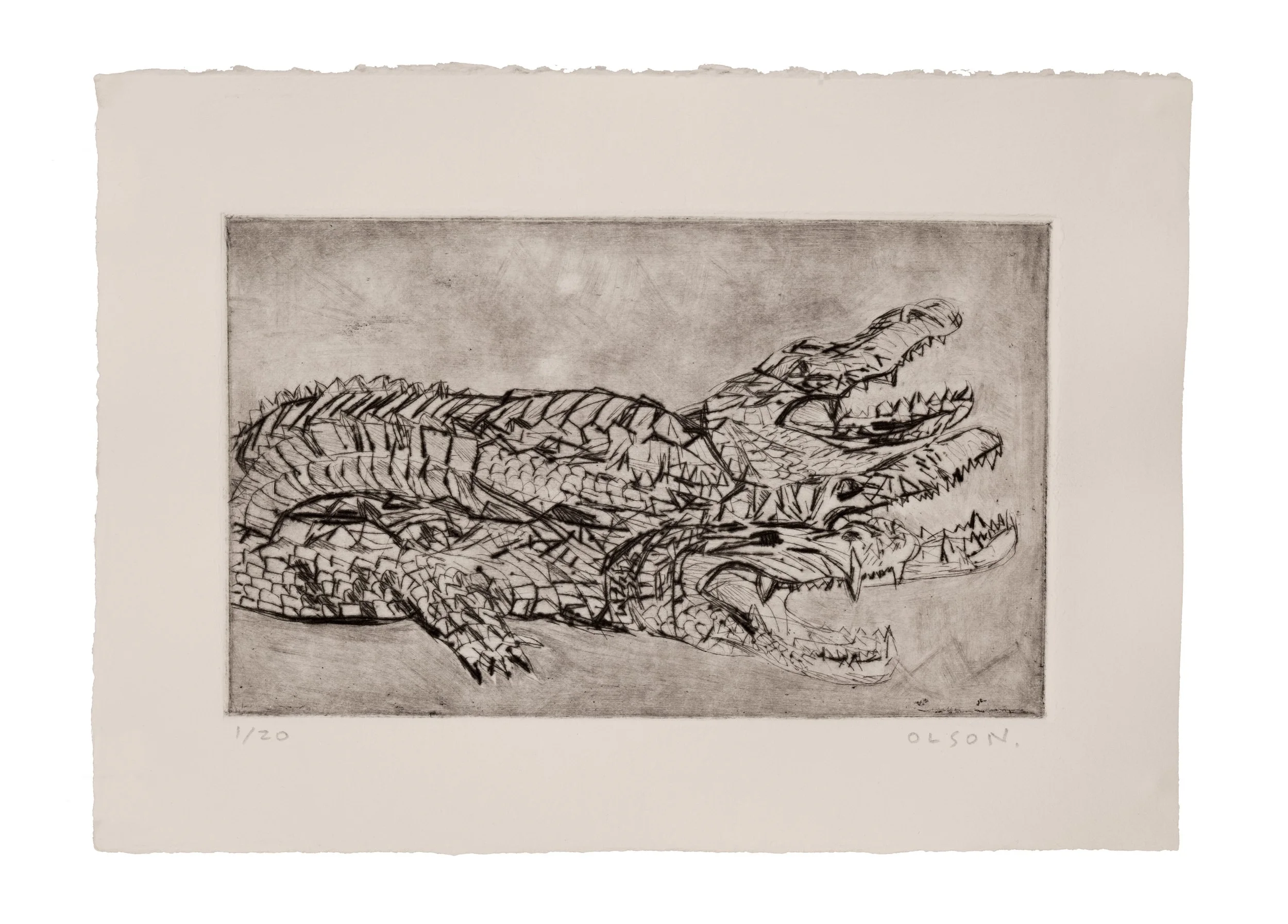   The Baroda Crocodile  , 2026, drypoint copper plate print on paper, edition of 20 
Paper size: 6.5 x 9.5 inches 
Image size: 4.5 x 7.5 inches 
$175
