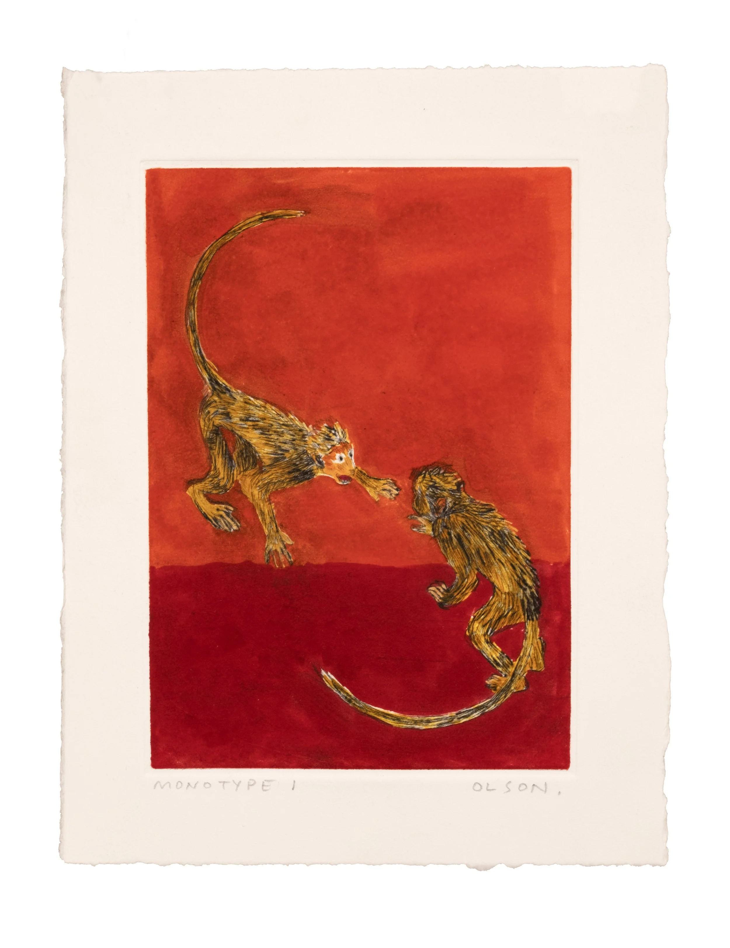   The Two Monkeys 1  , 2026, monotype copper plate print on paper 
Paper size: 9 x 7 inches 
Image size: 6.75 x 4.75 inches 
$500

