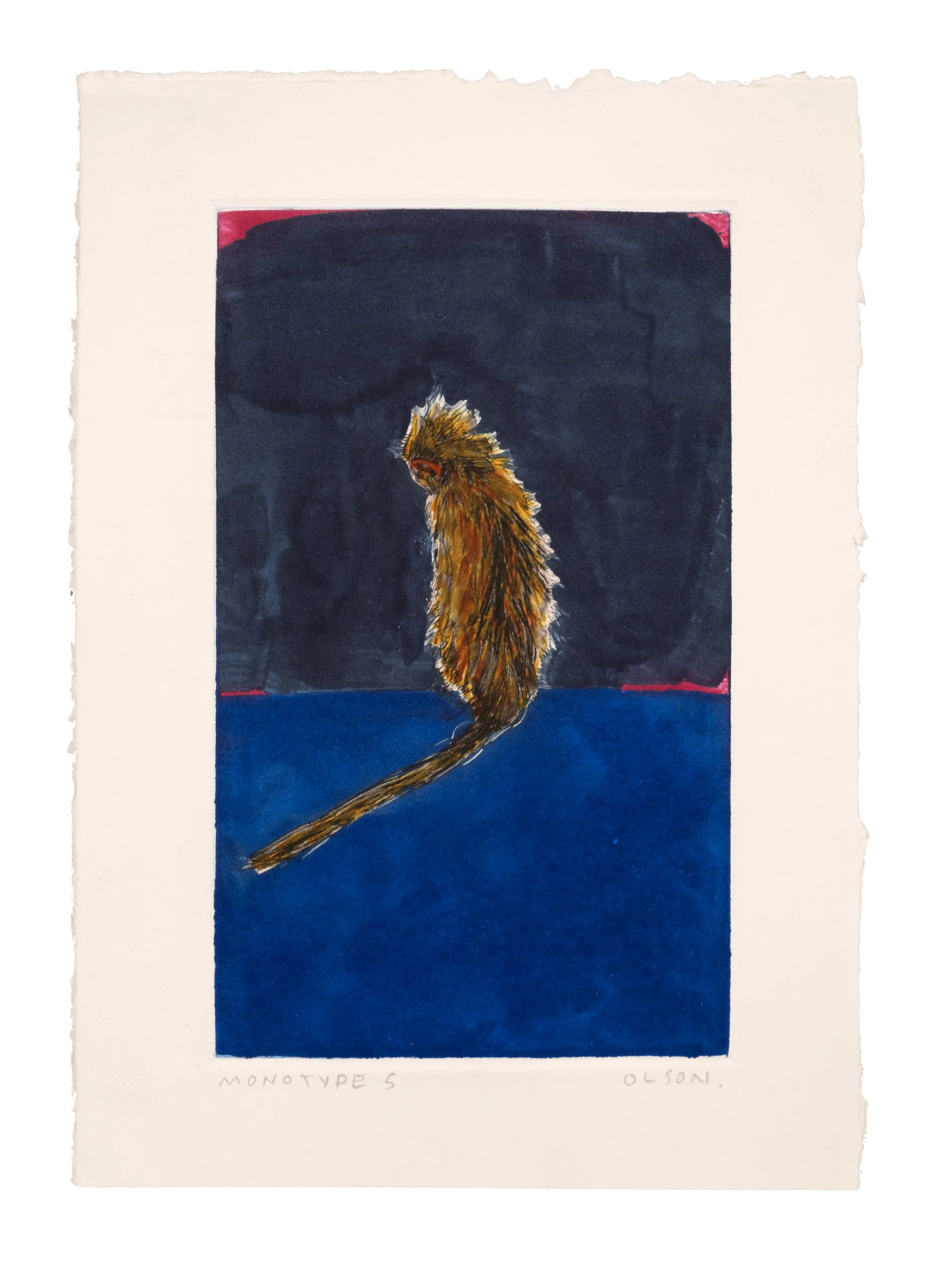   The Solo Monkey 5  , 2026, monotype copper plate print on paper 
Paper size: 9.75 x 6.75 inches 
Image size: 7.5 x 4.5 inches 
$500
