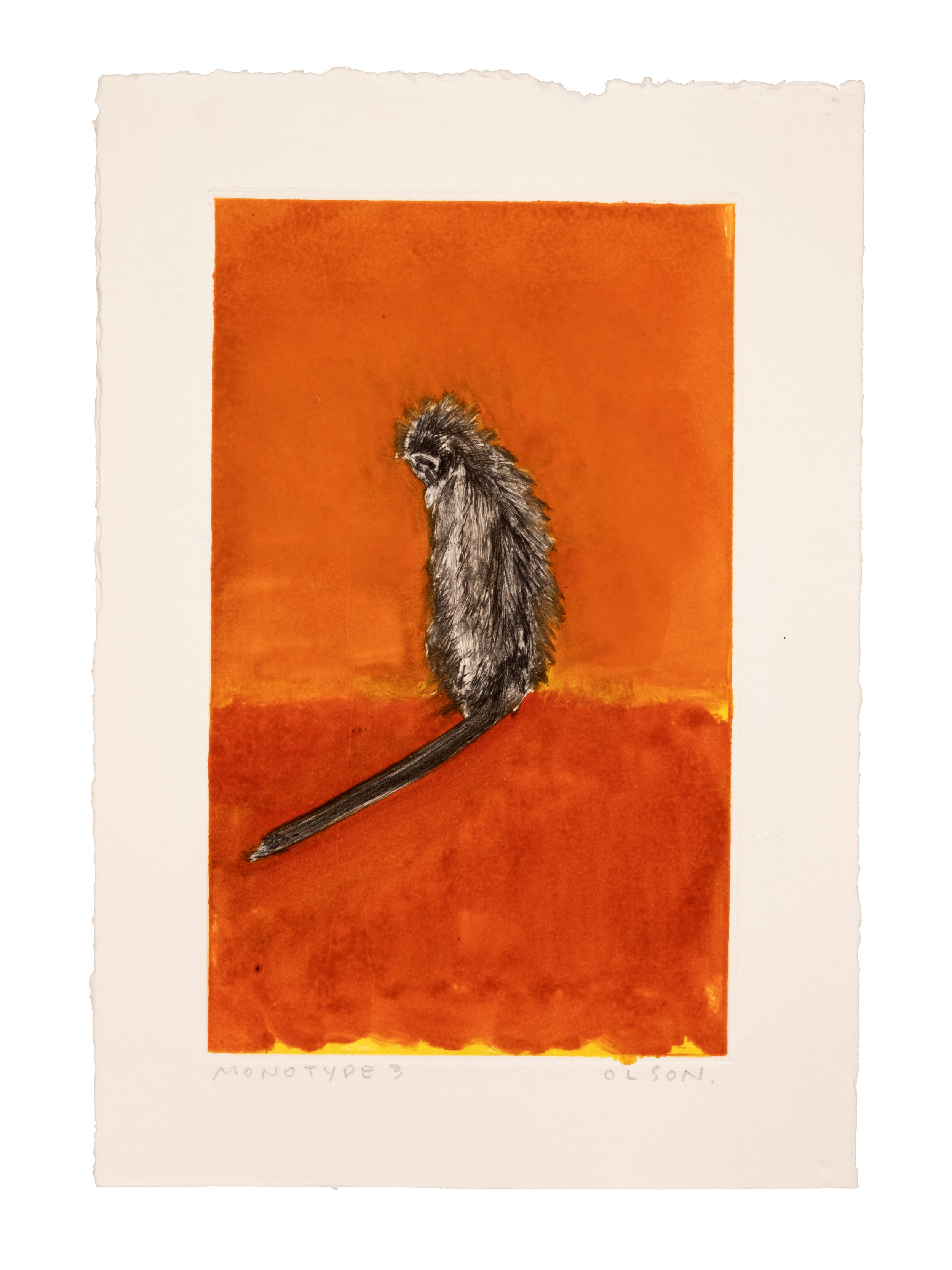   The Solo Monkey 3  , 2026, monotype copper plate print on paper 
Paper size: 9.75 x 6.75 inches 
Image size: 7.5 x 4.5 inches 
$500