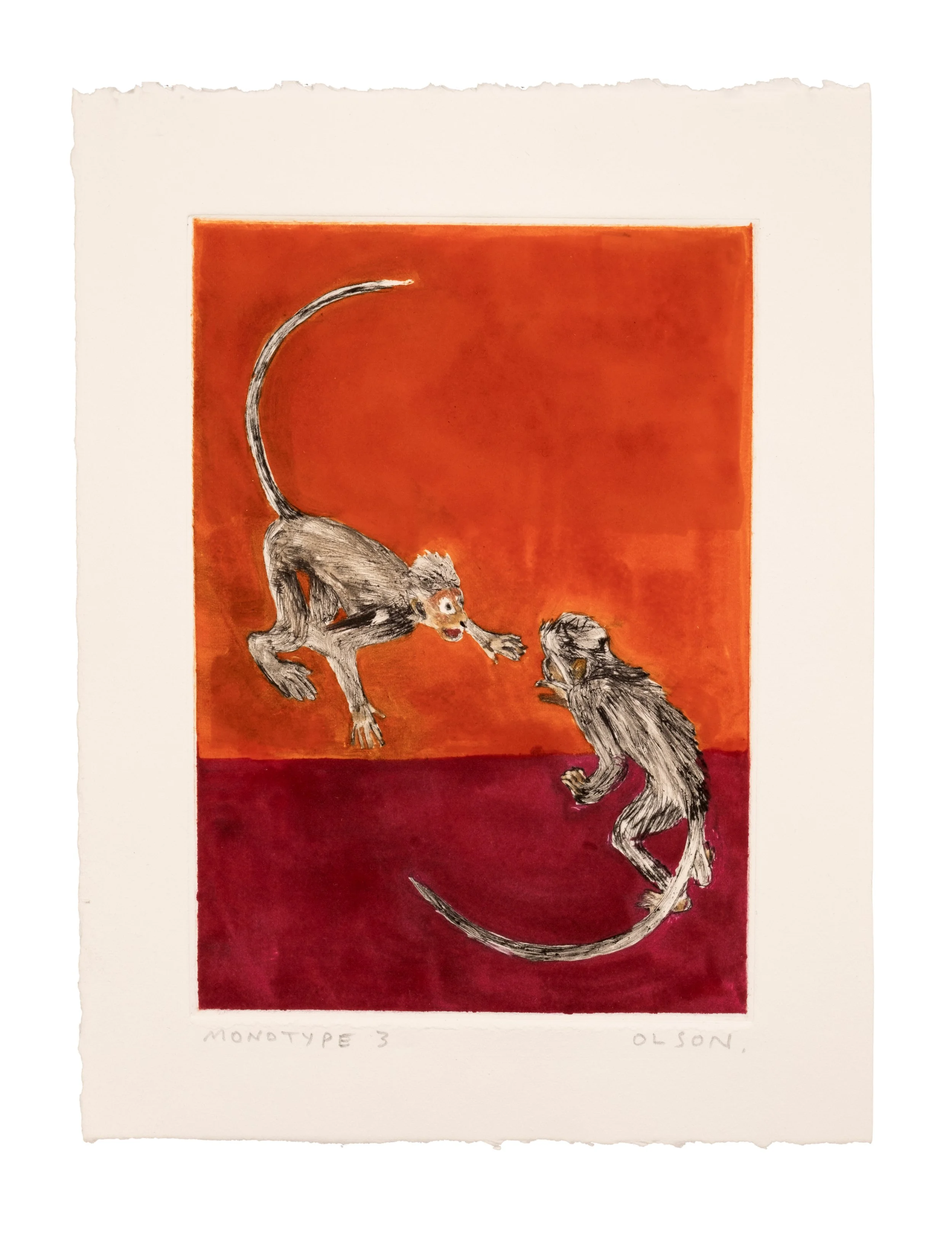   The Two Monkeys 3  , 2026, monotype copper plate print on paper 
Paper size: 9 x 7 inches 
Image size: 6.75 x 4.75 inches 
$500
