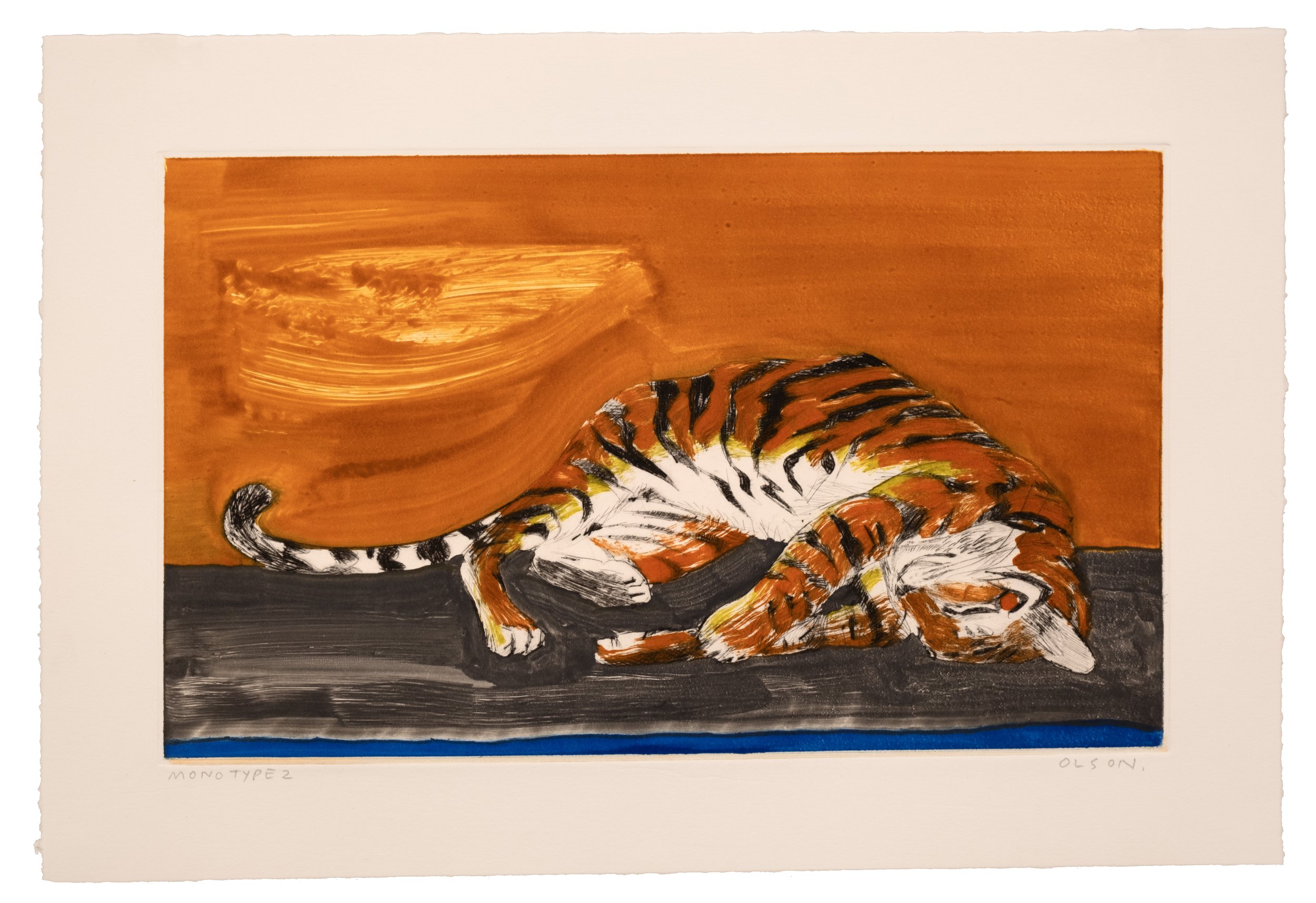   The Tiger 2  , 2026, monotype copper plate print on paper 
Paper size: 11.5 x 17 inches 
Image size: 8.25 x 13.75 inches 
$700