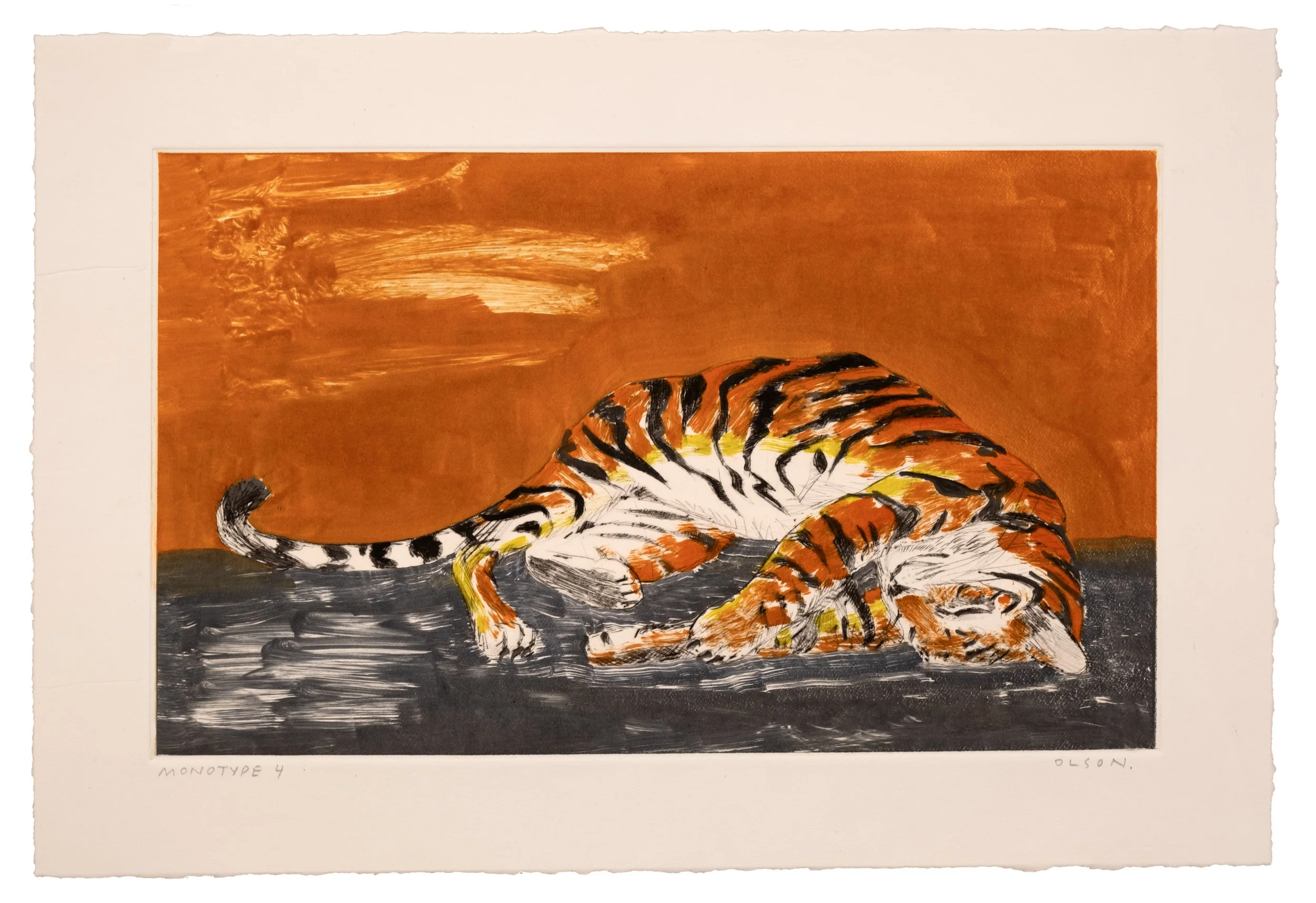   The Tiger 4  , 2026, monotype copper plate print on paper 
Paper size: 11.5 x 17 inches 
Image size: 8.25 x 13.75 inches 
$700