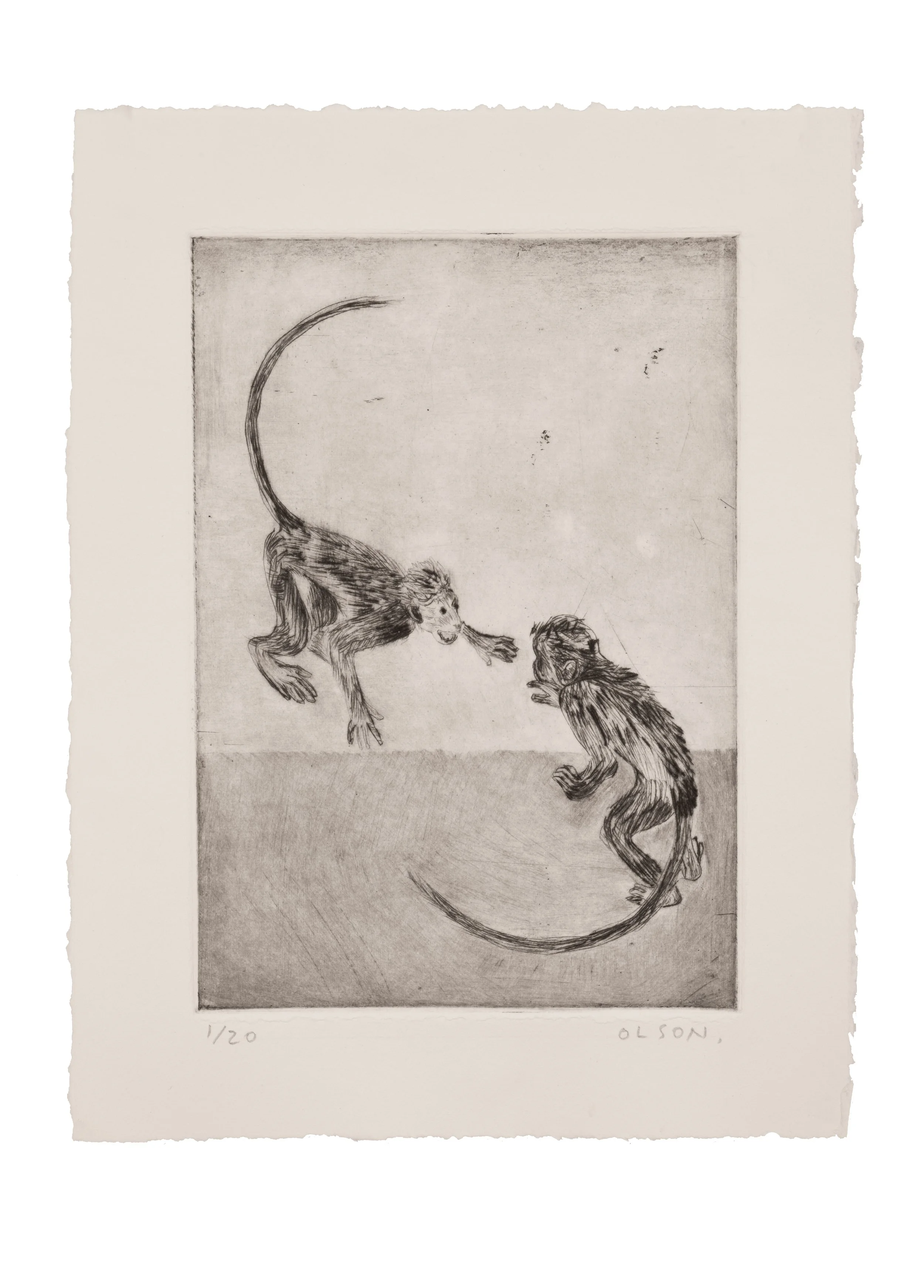   The Two Monkeys  , 2026, drypoint copper plate print on paper, edition of 20 
Paper size: 8.75 x 6.75 inches 
Image size: 6.75 x 4.75 inches 
$175
