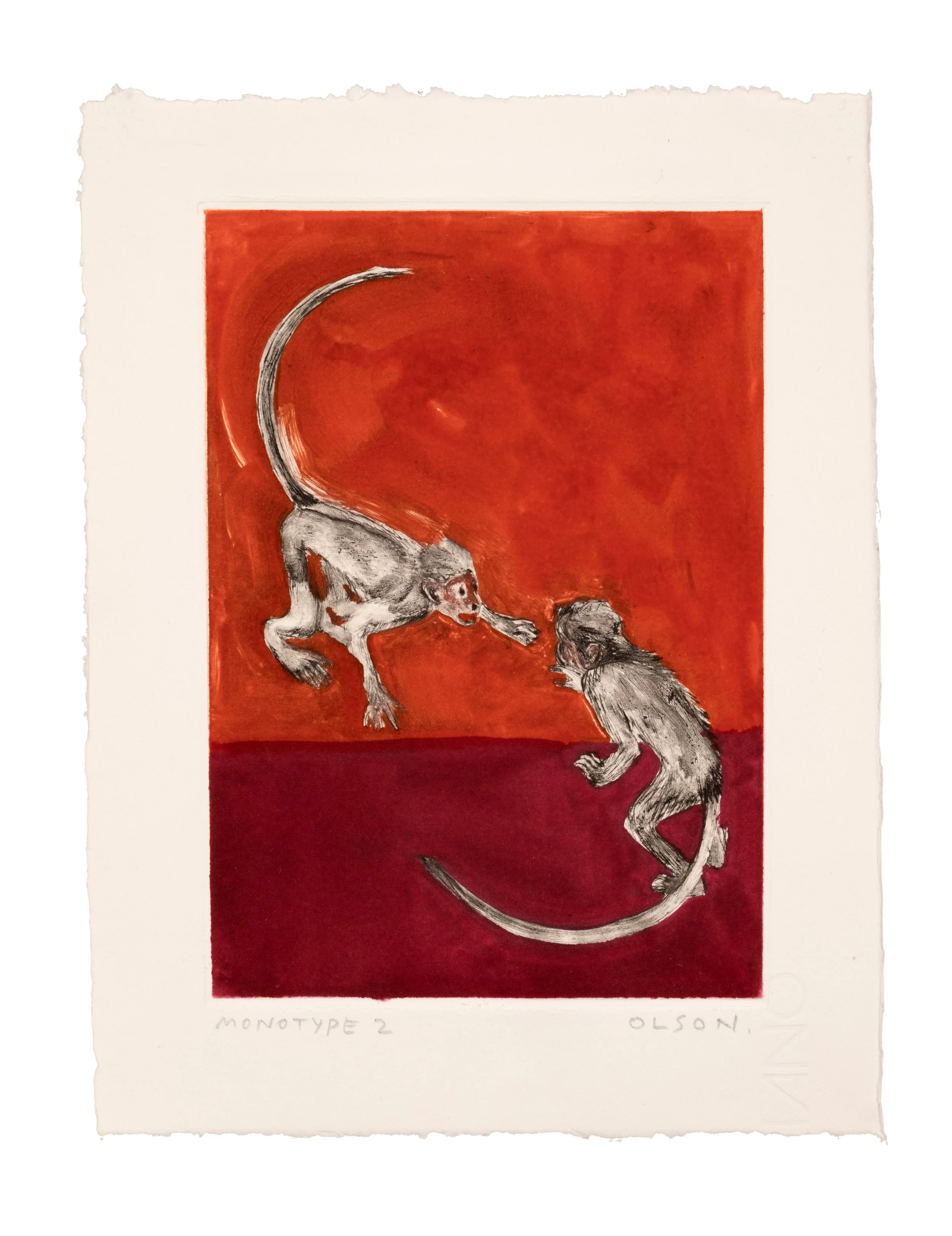   The Two Monkeys 2  , 2026, monotype copper plate print on paper 
Paper size: 9 x 7 inches 
Image size: 6.75 x 4.75 inches 
$500