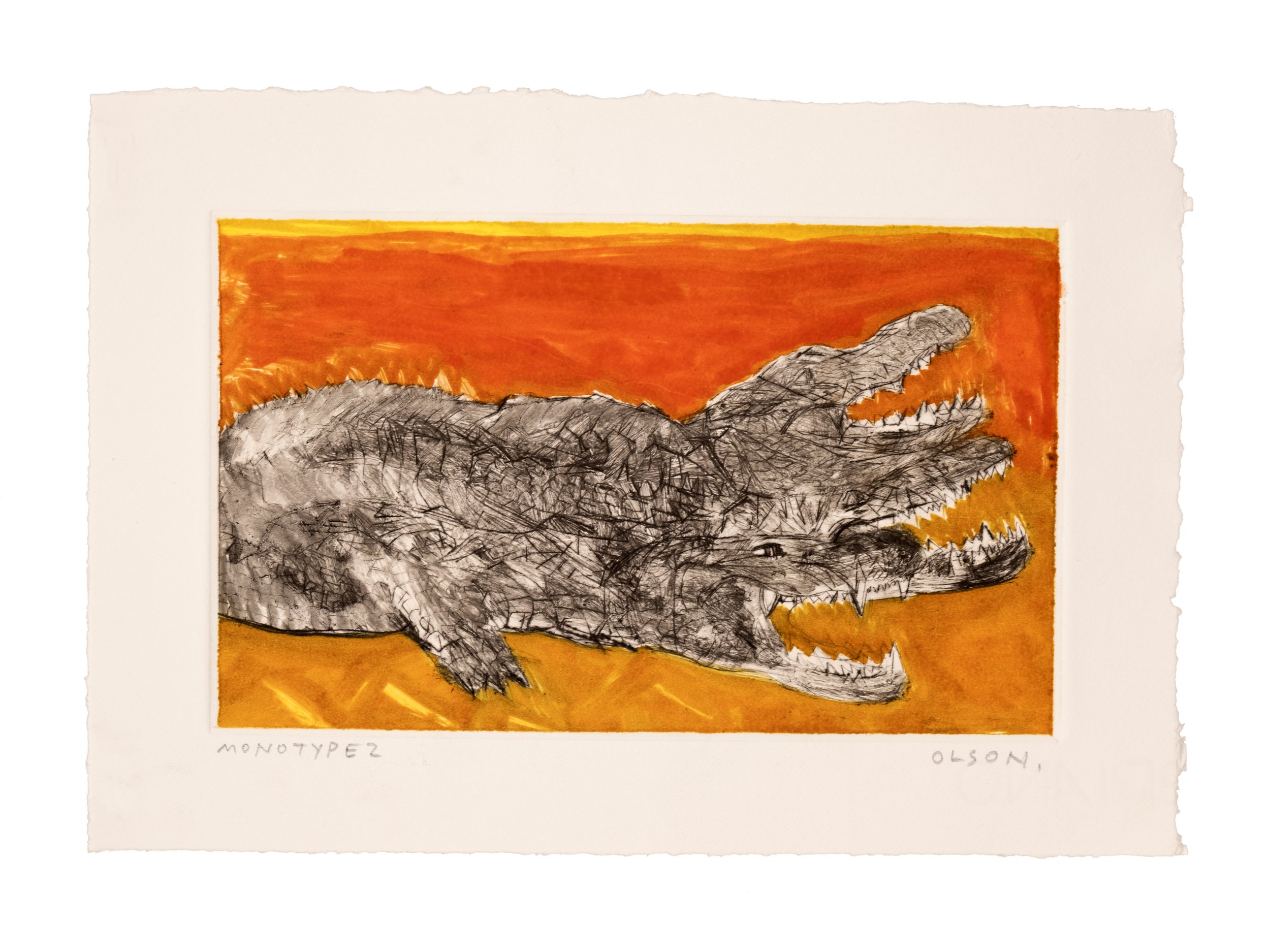   The Baroda Crocodile 2  , 2026, monotype copper plate print on paper 
Paper size: 6.5 x 9.5 inches 
Image size: 4.5 x 7.25 inches 
$500