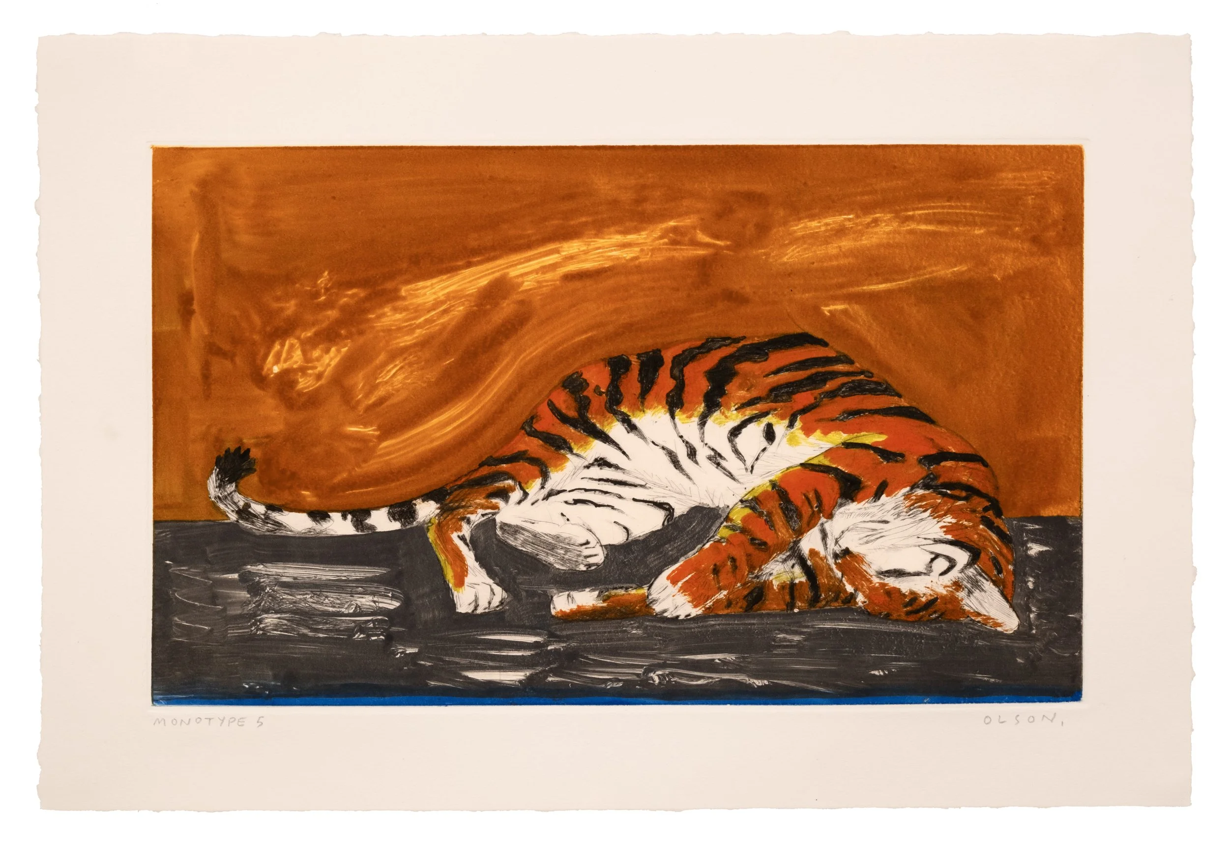   The Tiger 5  , 2026, monotype copper plate print on paper 
Paper size: 11.5 x 17 inches 
Image size: 8.25 x 13.75 inches 
$700