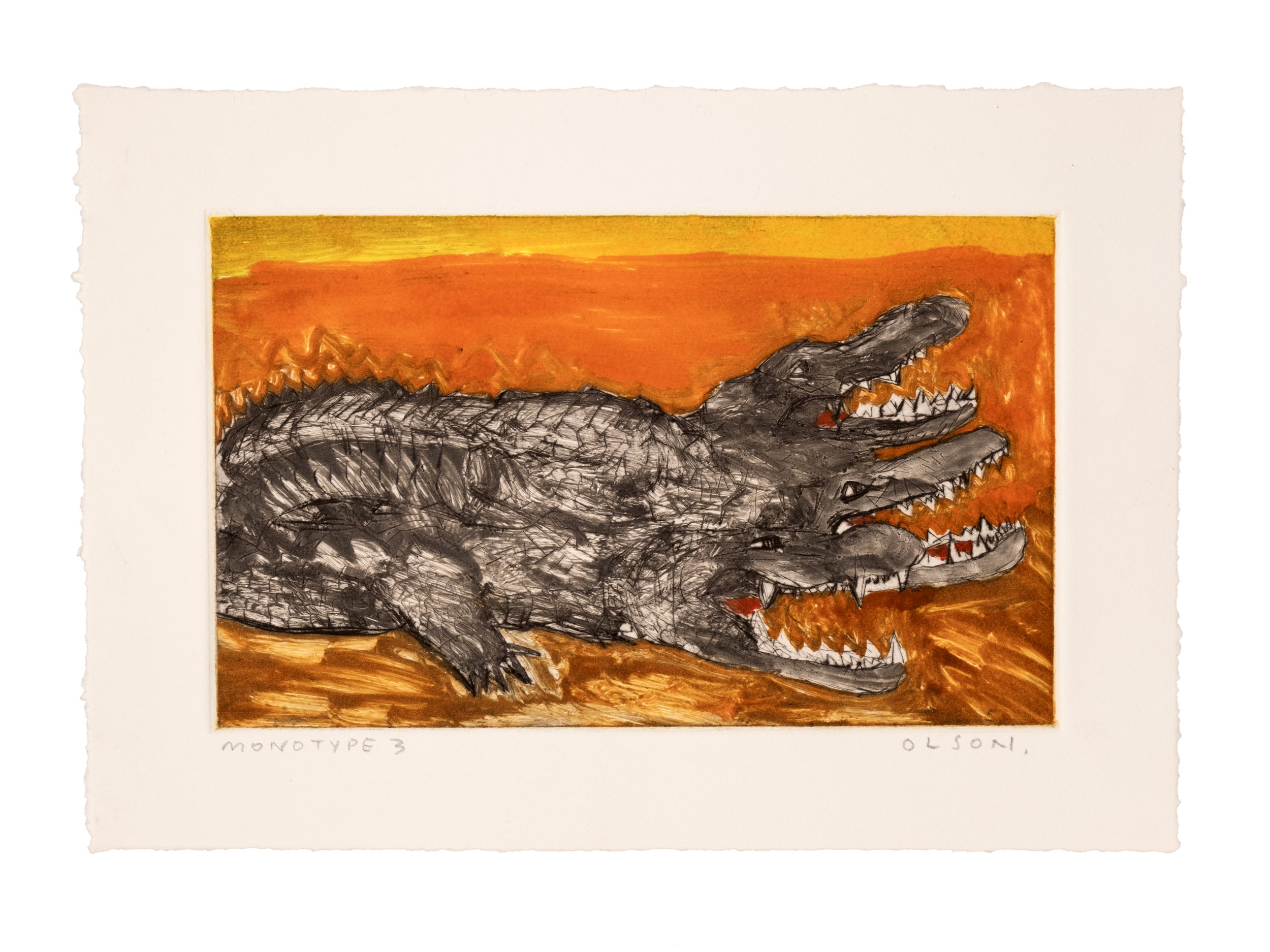  The Baroda Crocodile 3  , 2026, monotype copper plate print on paper 
Paper size: 7 x 9 inches 
Image size: 4.75 x 6.75 inches 
$500