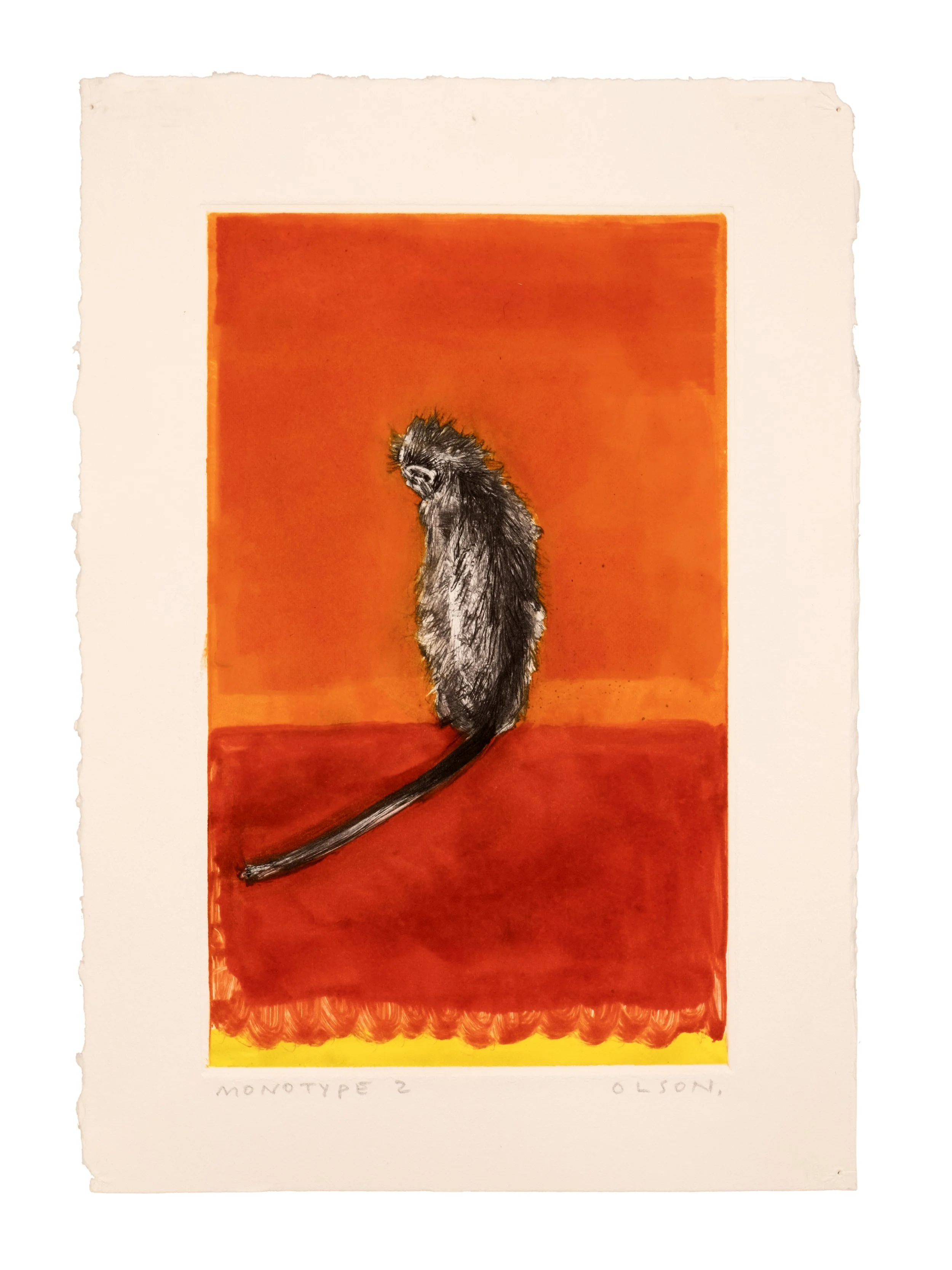   The Solo Monkey 2  , 2026, monotype copper plate print on paper 
Paper size: 9.75 x 6.75 inches 
Image size: 7.5 x 4.5 inches 
$500
