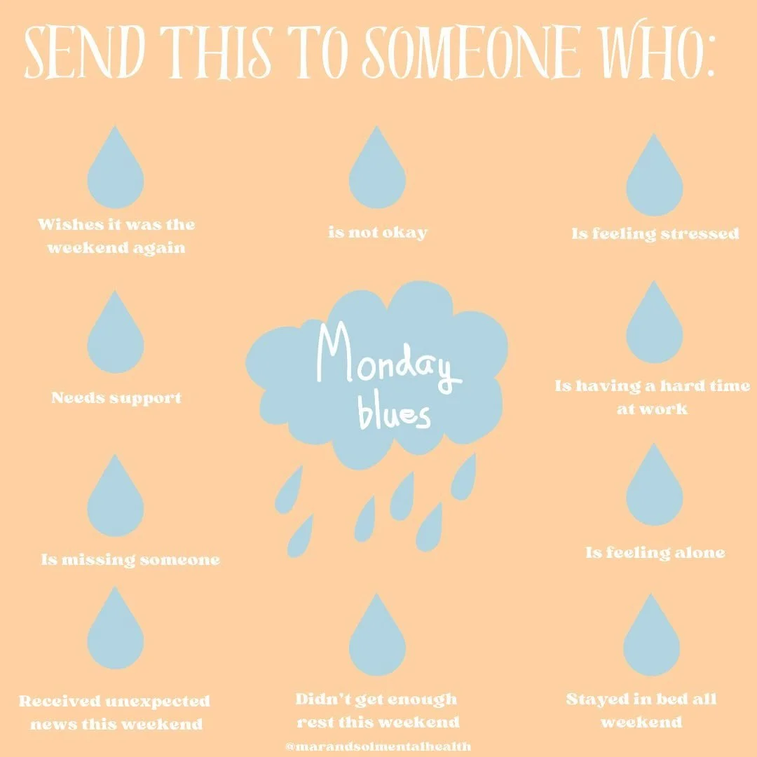Feeling the Monday blues? 💧☔️

You&rsquo;re not alone. Mondays can be tough, but here are some tips to help you beat them:

✨Plan something to look forward to✨
✨Get moving with some exercise✨
✨Set realistic goals to stay focused✨
✨Practice gratitude