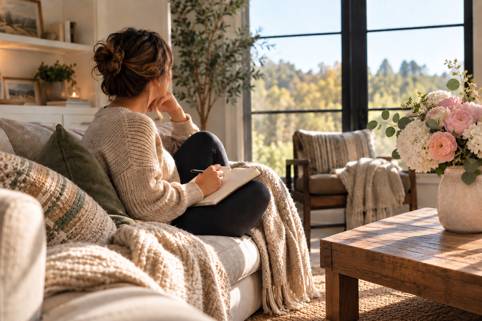 Journal, books and coffee in a sunlit space representing awareness, choice and personal change.