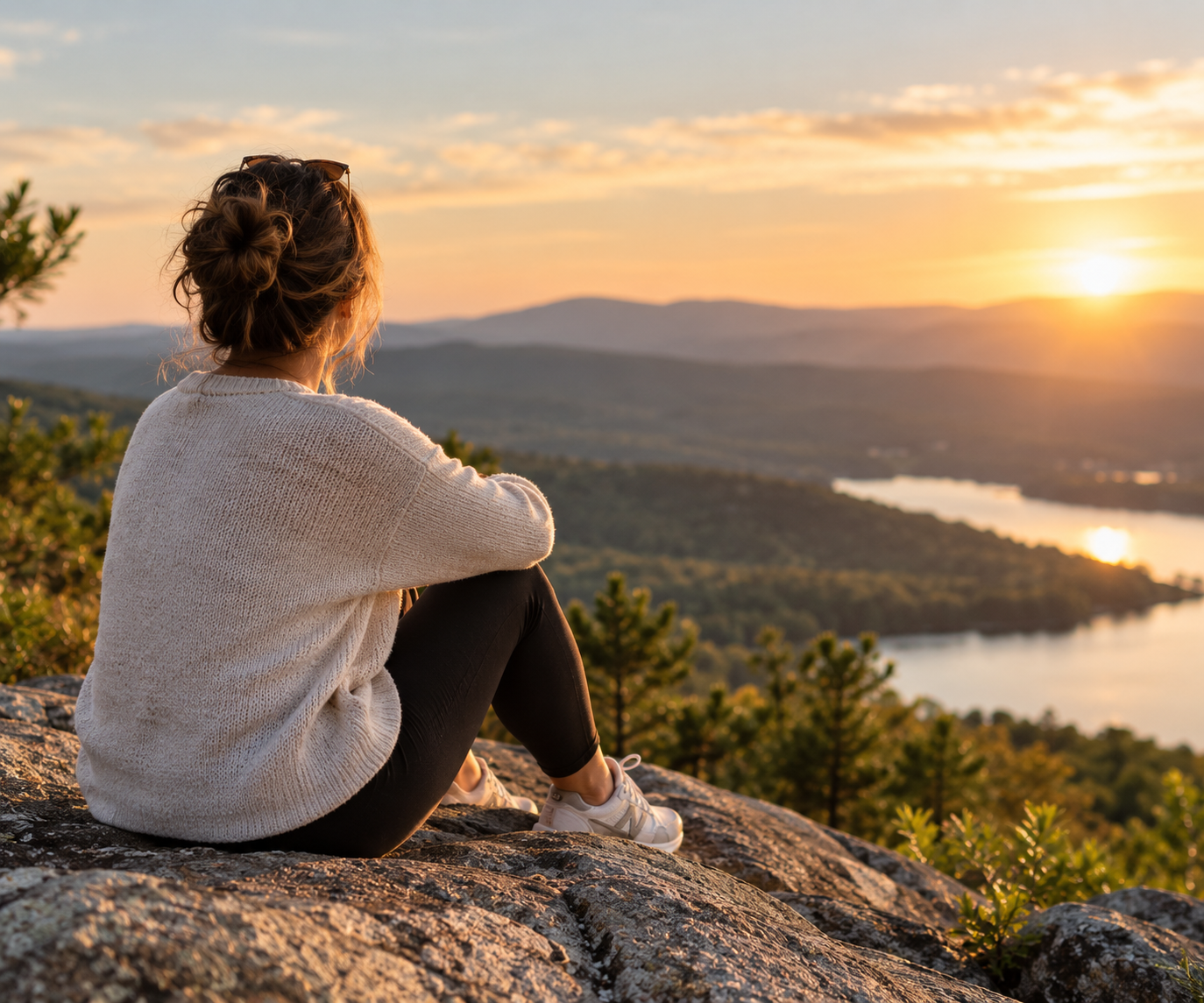 Woman overlooking an expansive mountain landscape at sunset, reflecting on personal growth and new possibilities.