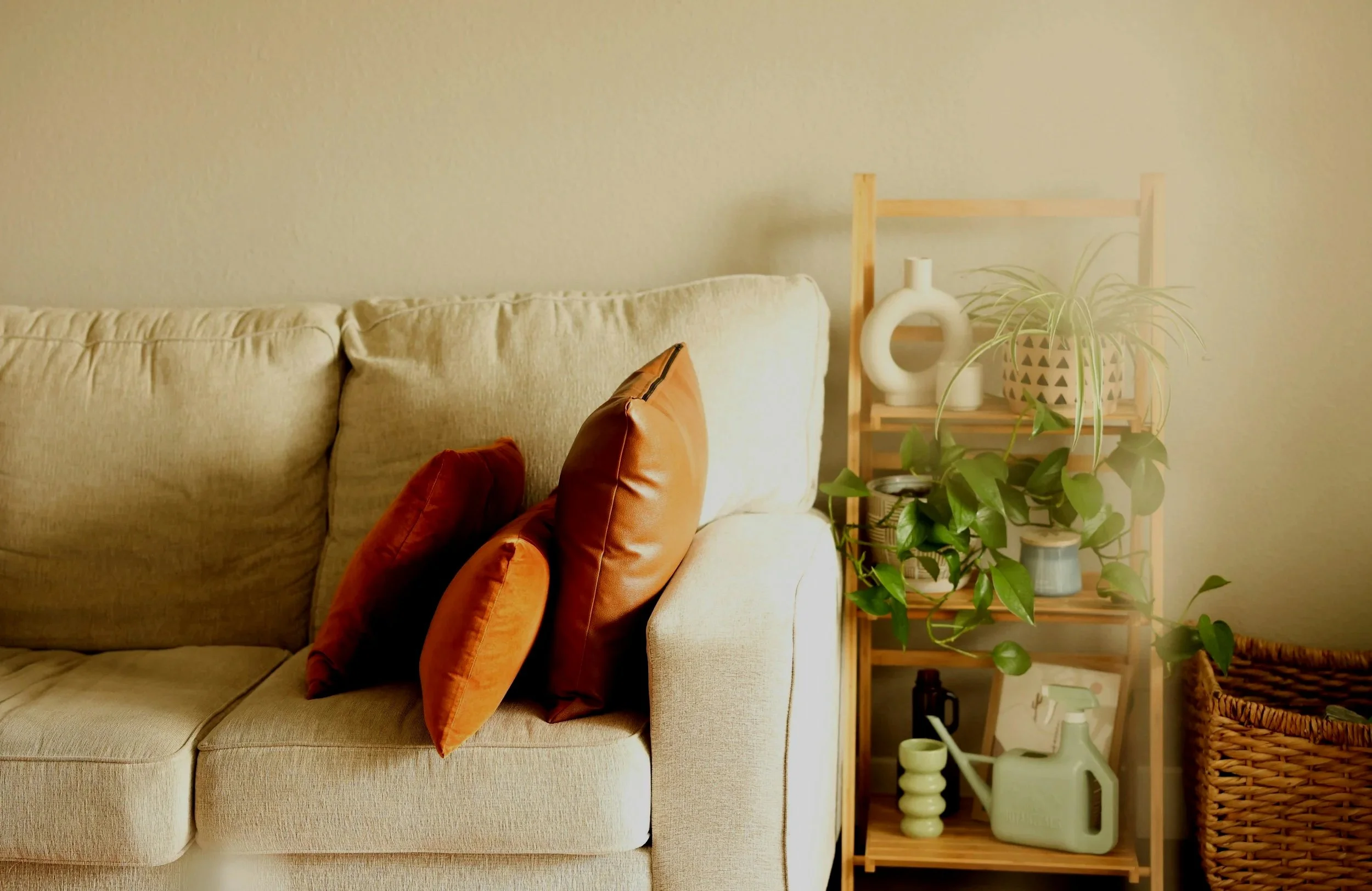 Living room corner with beige sofa, orange pillows, wooden shelf with decorative vases, plants, and a wicker basket.