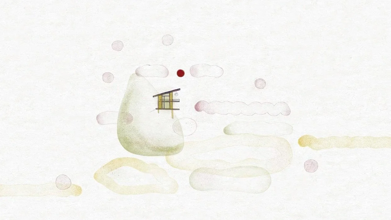 Watercolor illustration of a small house and a red dot, surrounded by abstract clouds or mists with some circles in the background.