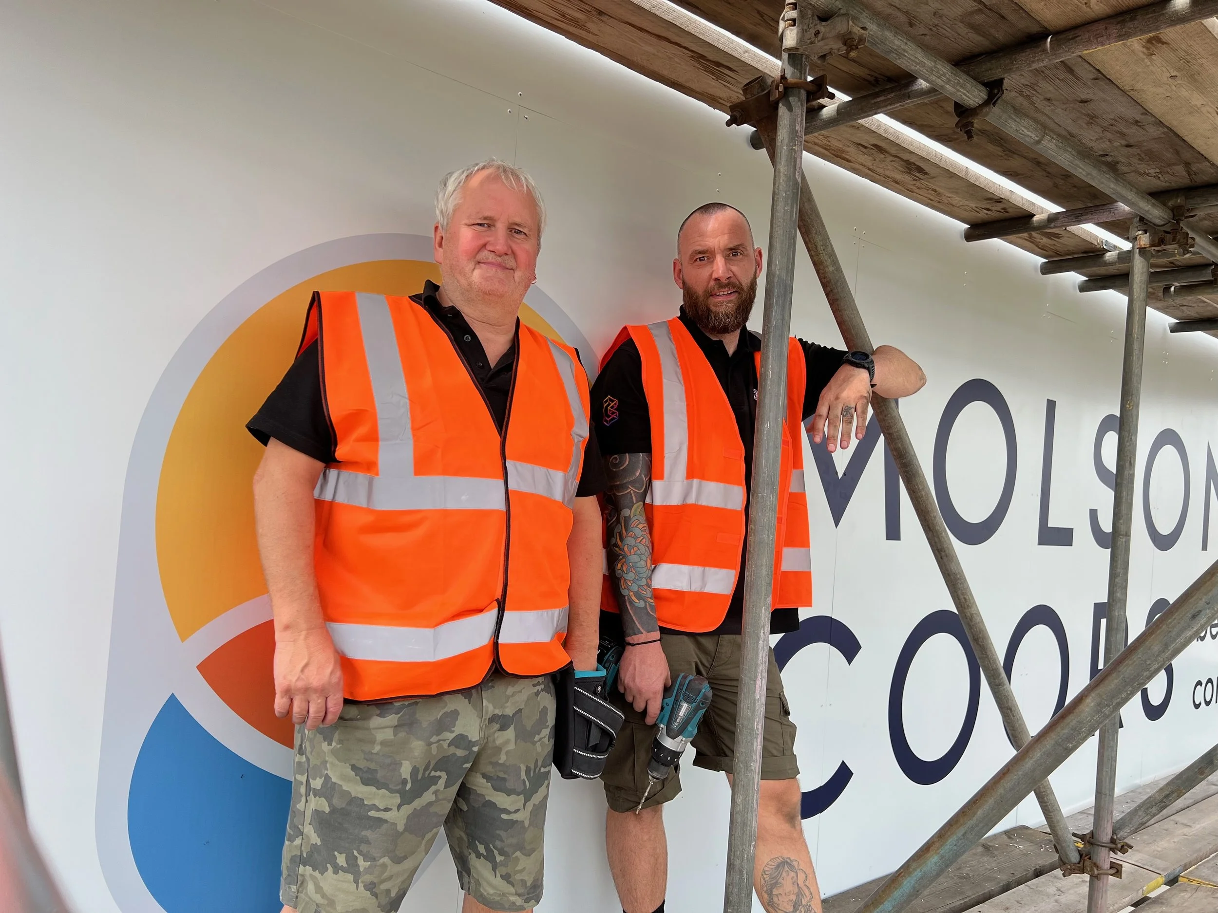 Our installation team on site at Molson Coors, delivering large-scale signage with precision and care. We ensure every sign is installed safely, securely, and to the highest standard.