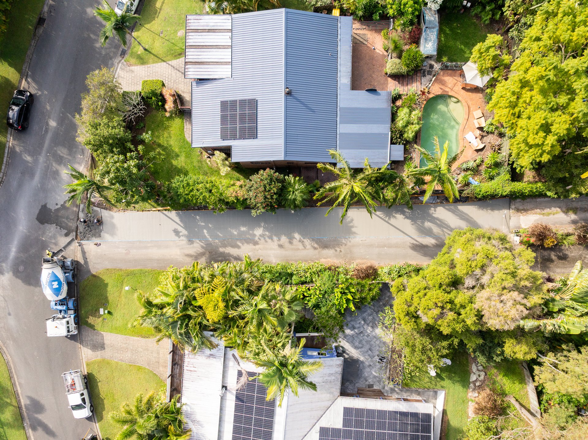Aerial view of clean and well-prepared driveway concreting worksite