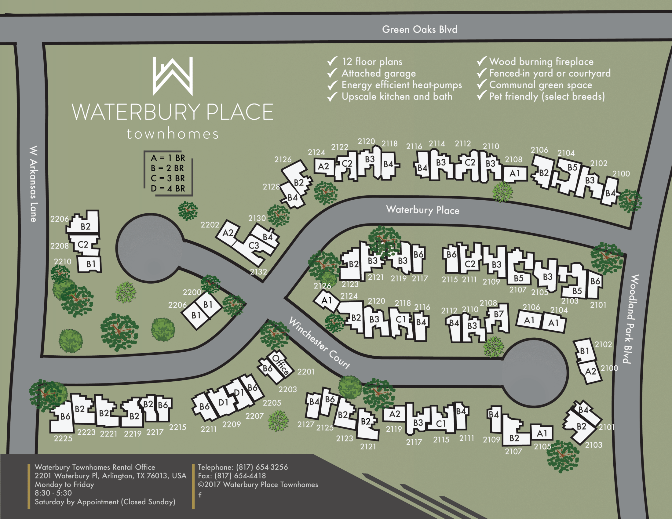 Map of Waterbury Place townhomes with building labels, surrounding roads, and green areas, including trees and landscaped spaces.