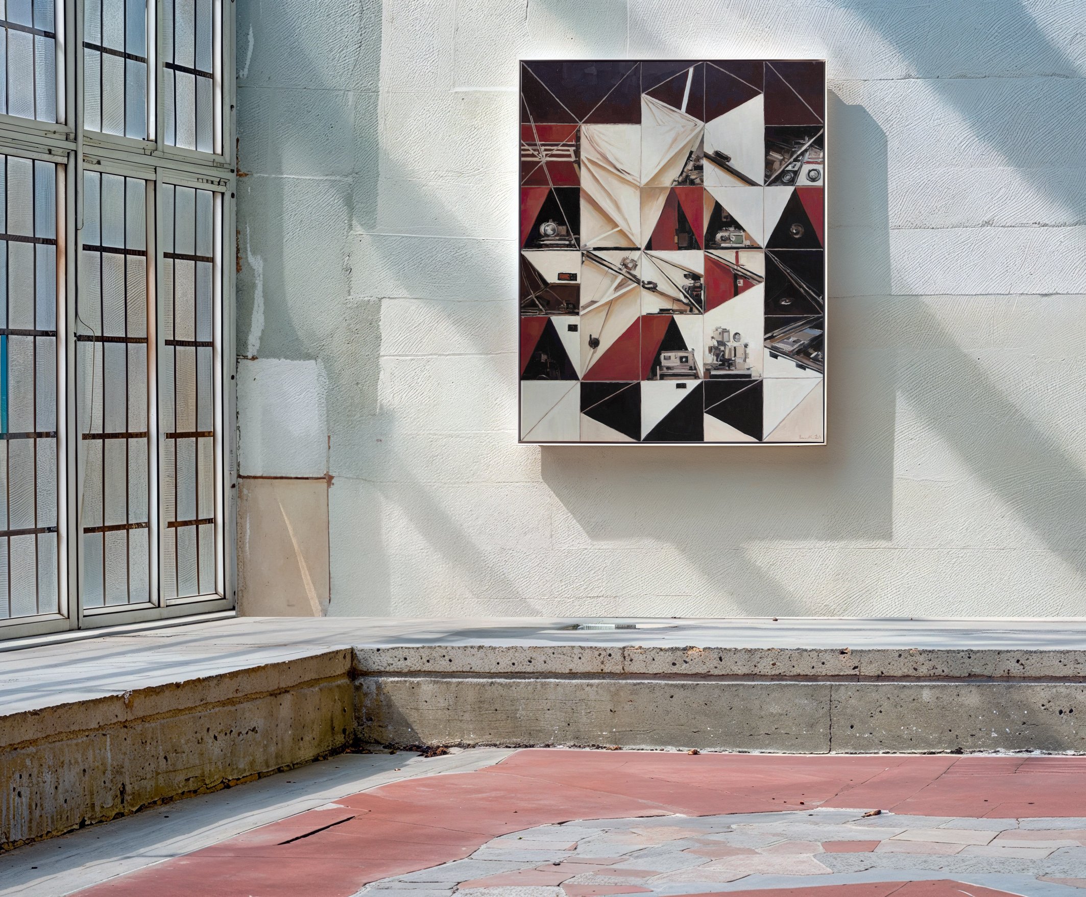 Wall art featuring a geometric collage of camera equipment in an art gallery with a glass window on the left and textured white walls.