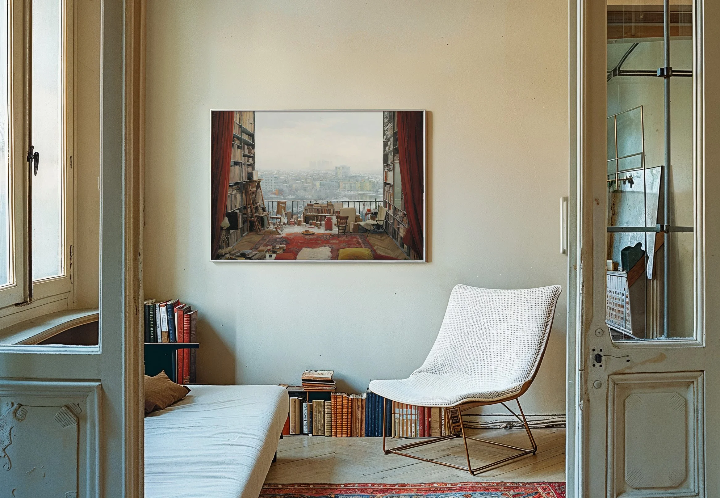 Room with a white chair, a bed with books underneath, a large framed painting on the wall, and a window with a city view in the background.