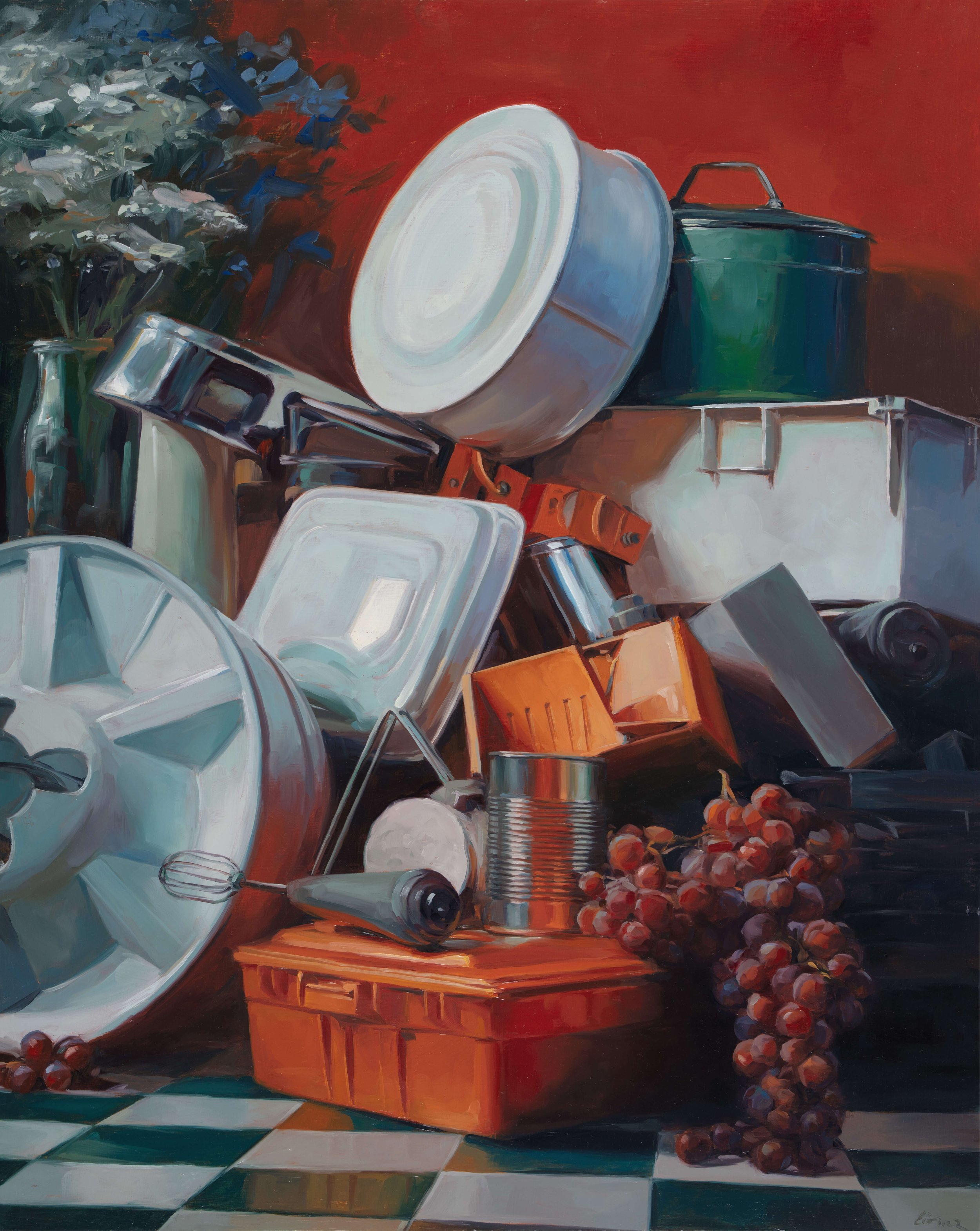 A still life painting of a pile of scattered kitchen items including cans, bowls, containers, a whisk, a hand mixer, a brown box, and a bunch of grapes, set on a checkered floor against a red background.