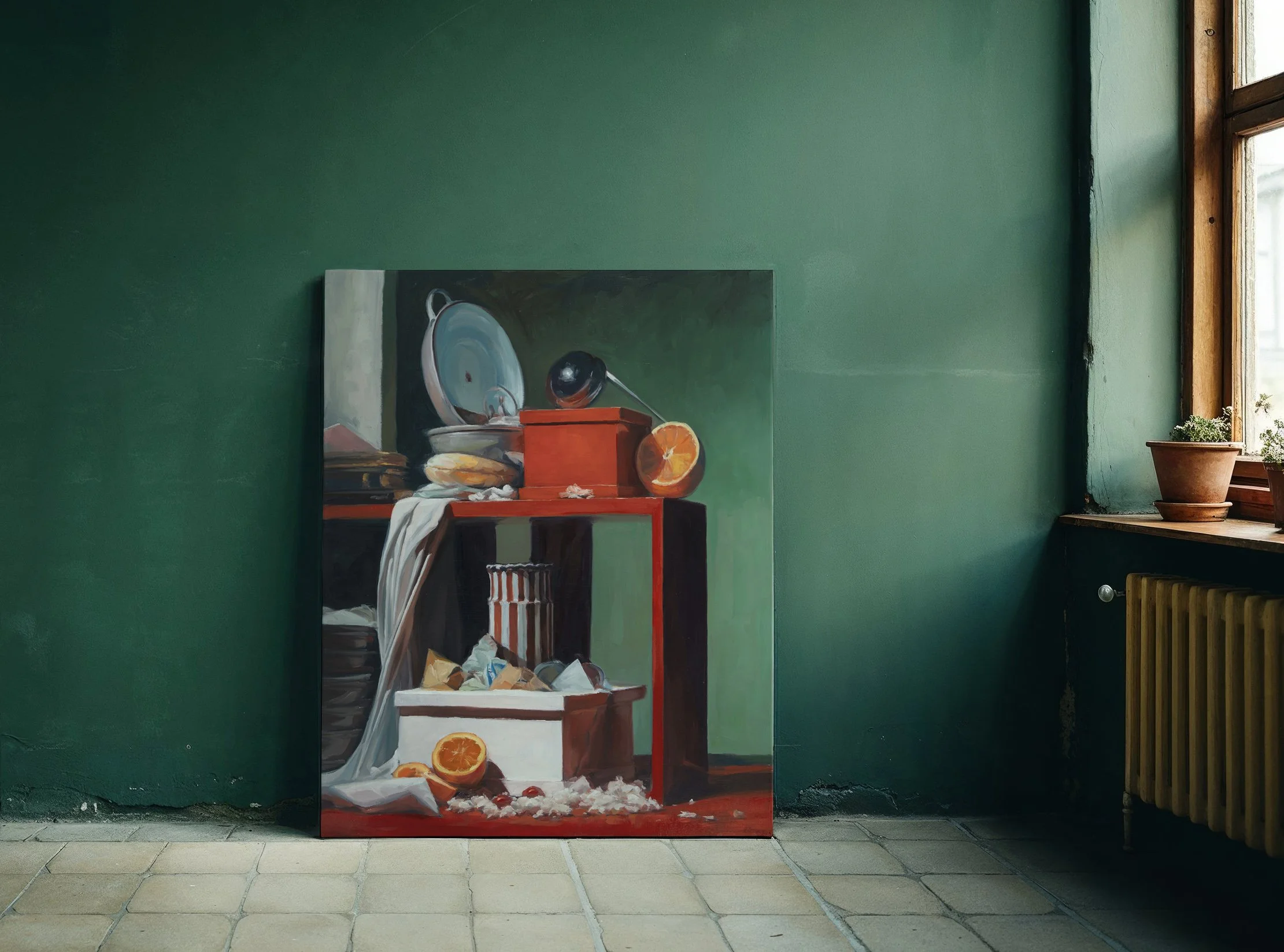 A painting leaning against a green wall shows a still life with orange slices, a box of used tissues, and a metal container, with a white cloth draping over the table.