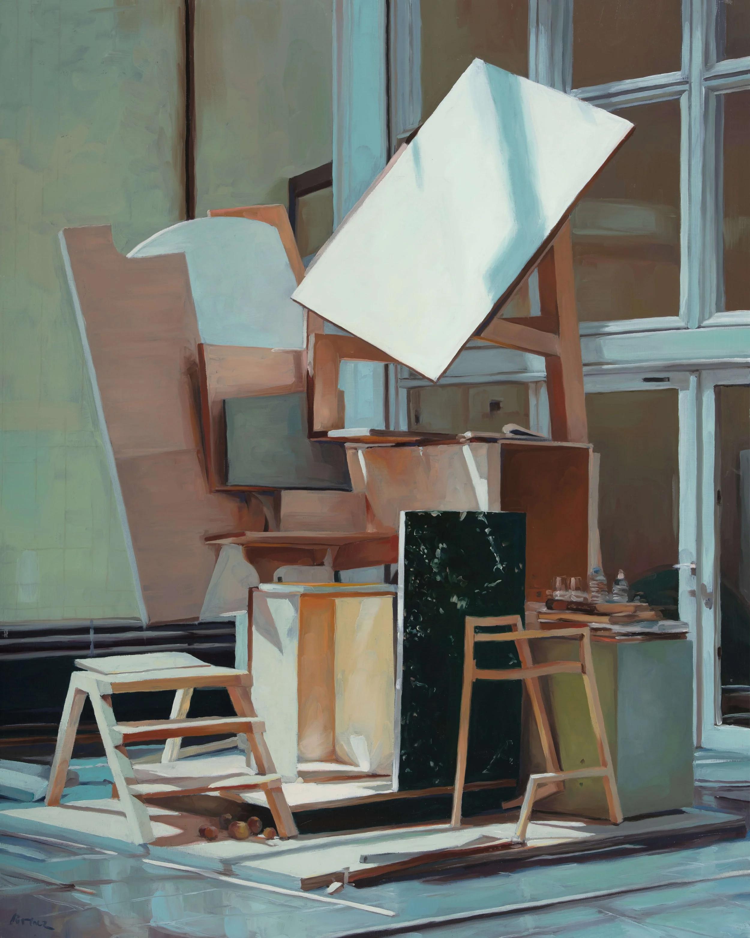 A still life painting of wooden furniture, including chairs and tables, arranged outdoors near a large window with brown and blue panels. Shadows cast by the sunlight create contrast on the scene.
