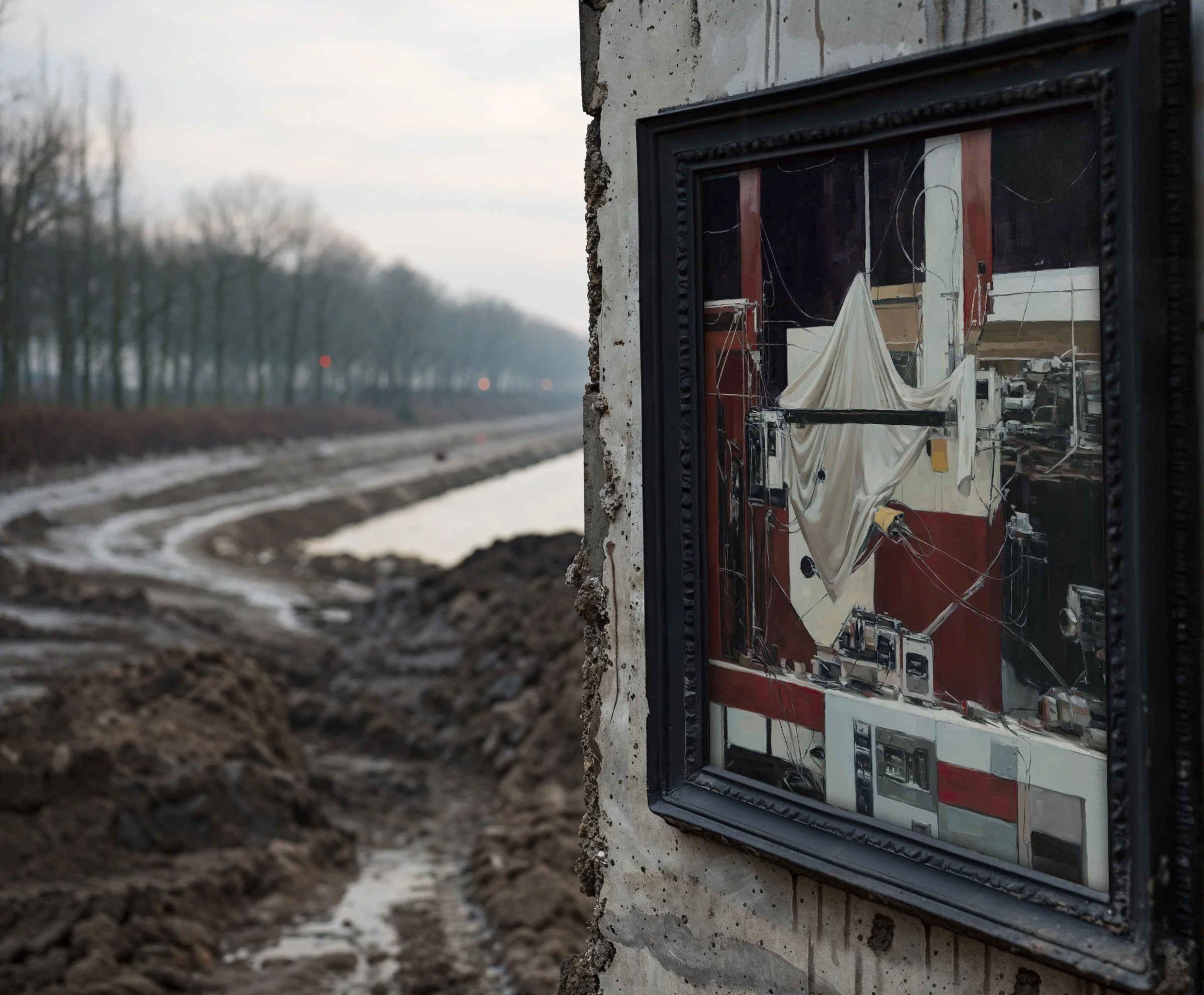 A framed mirror or artwork depicting a cluttered studio or workshop with fabric, equipment, and tools, mounted on a dirty concrete wall, with a muddy, winding dirt path and trees in the background.