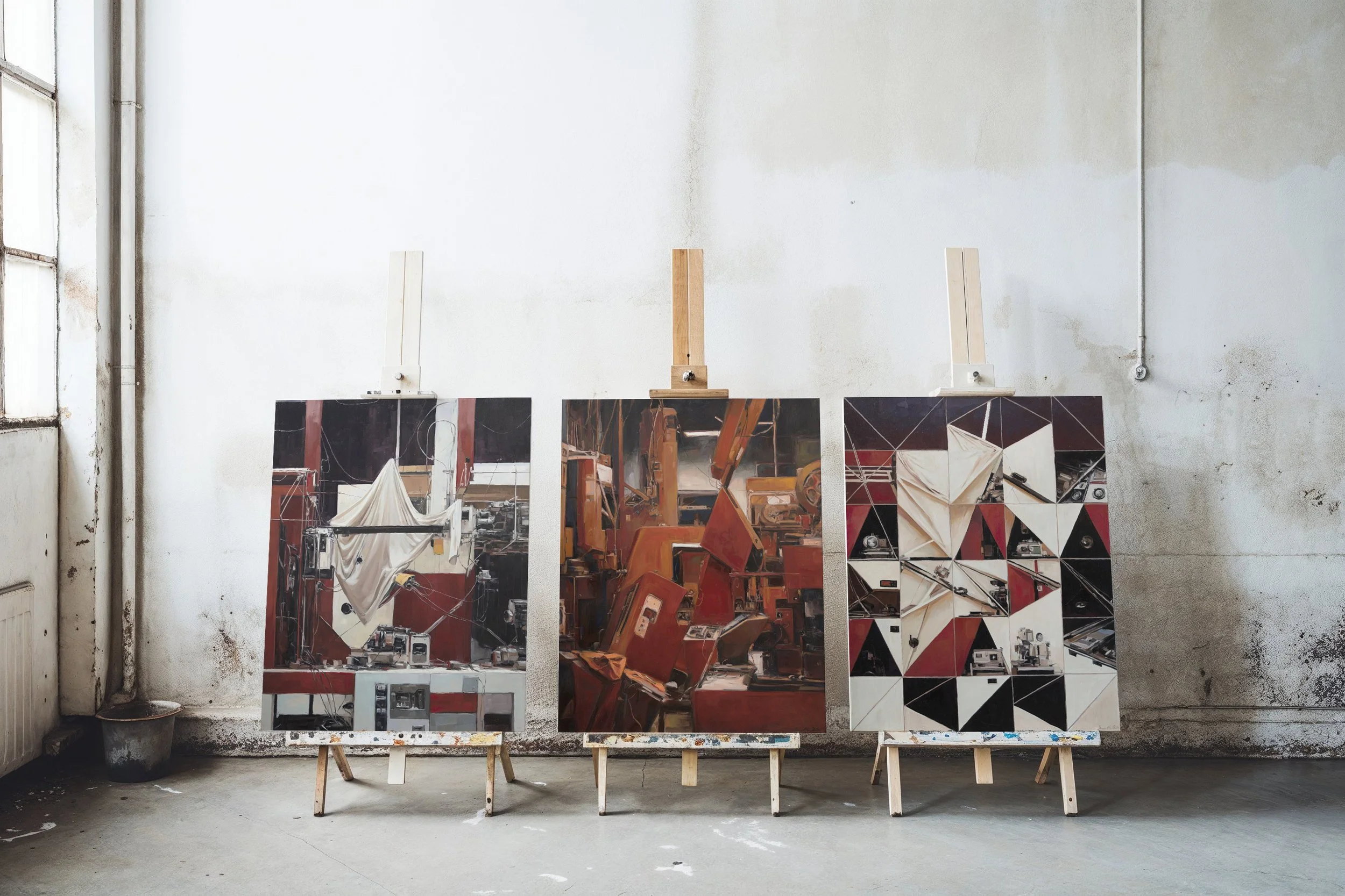 Three abstract paintings on easels in an unfinished studio with a concrete floor and white wall.