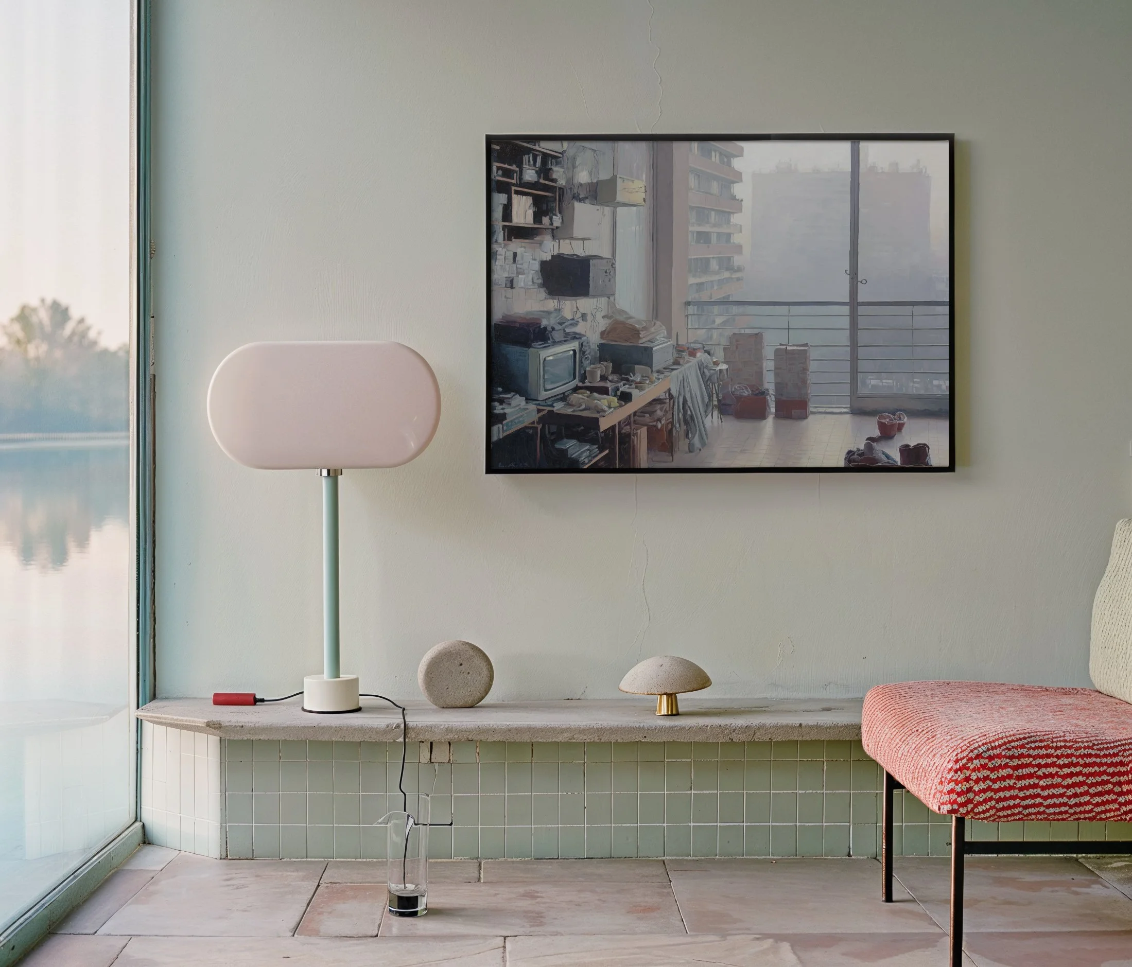 Living room with a window, standing lamp, decorative stones, a glass of water on the floor, a wall-mounted TV, and a pink cushioned chair.