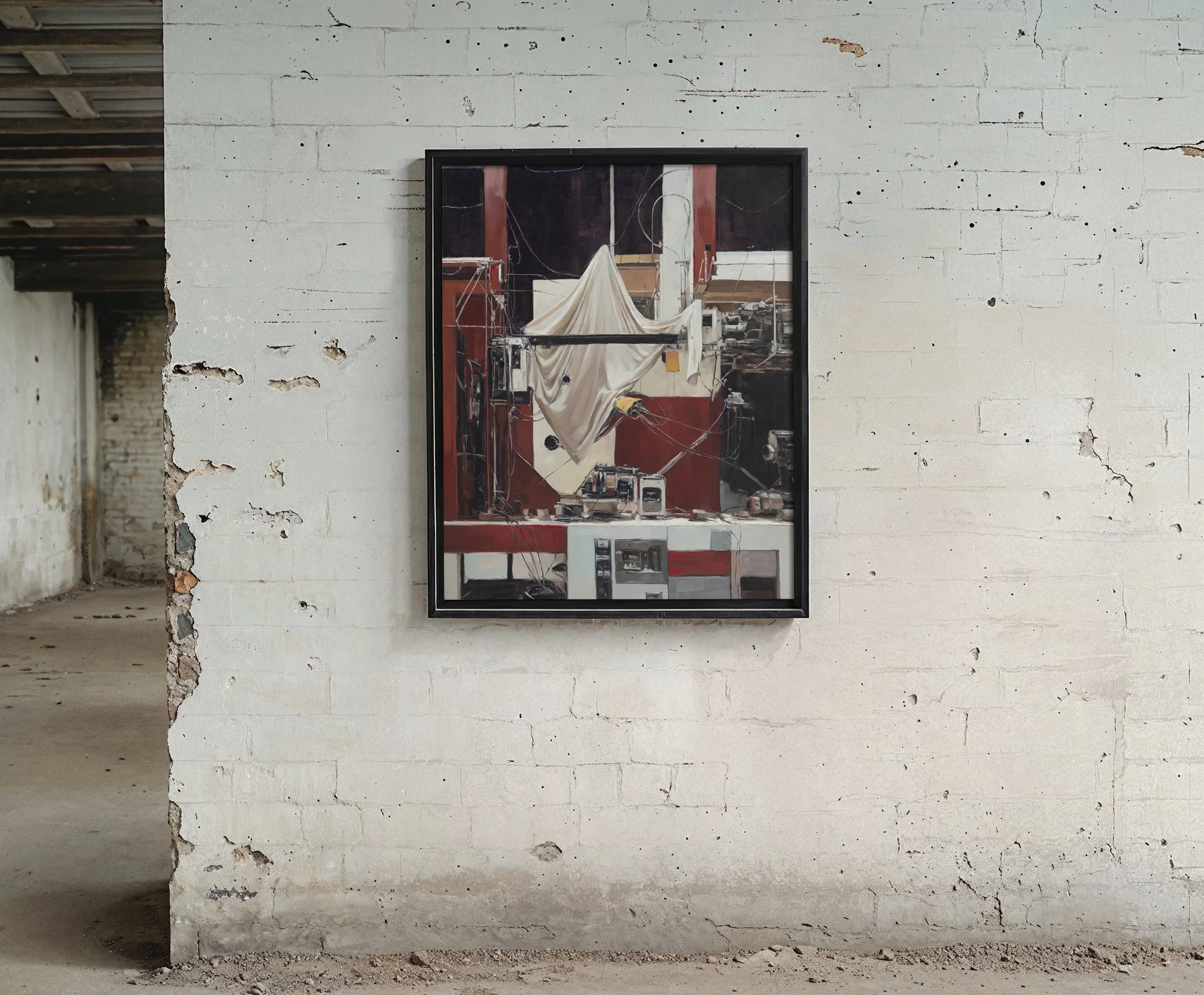 A framed artwork hanging on a white, slightly worn brick wall in an industrial-style space.
