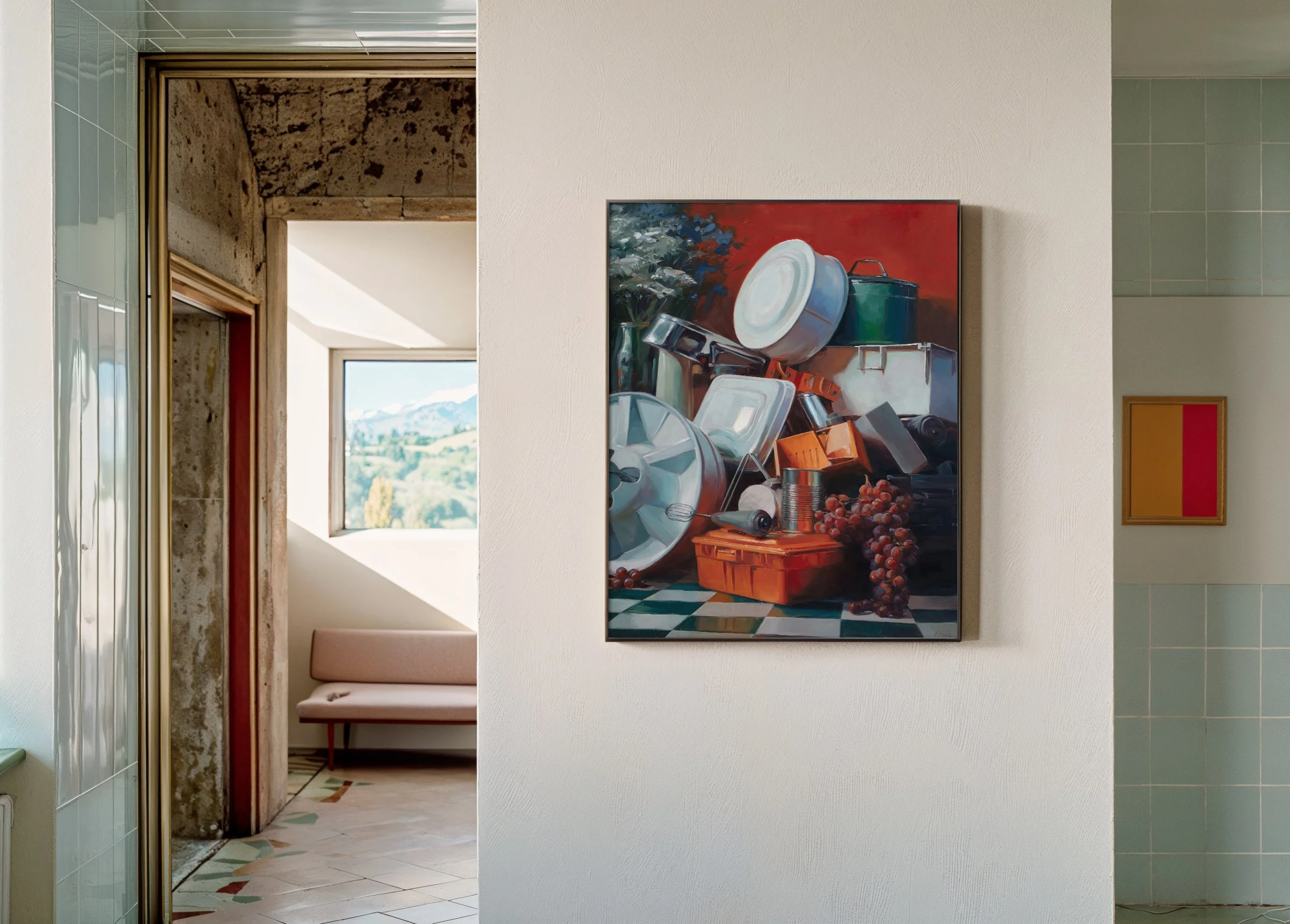 Interior of a house with a white textured wall featuring a colorful still life painting of assorted kitchenware, with a hallway and a window showing an outdoor landscape with mountains in the background.